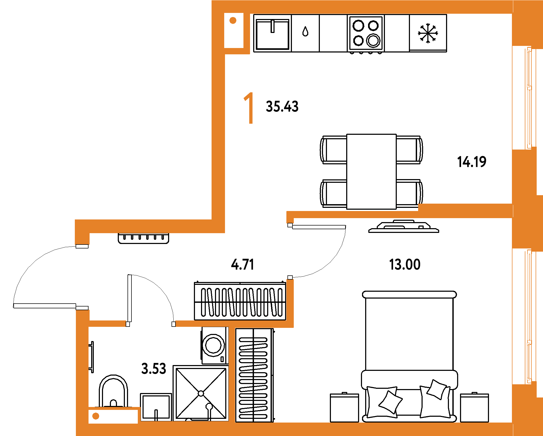 Купить 1-комнатную квартиру 35.43м², этаж №13 кв №385 в ЖК 