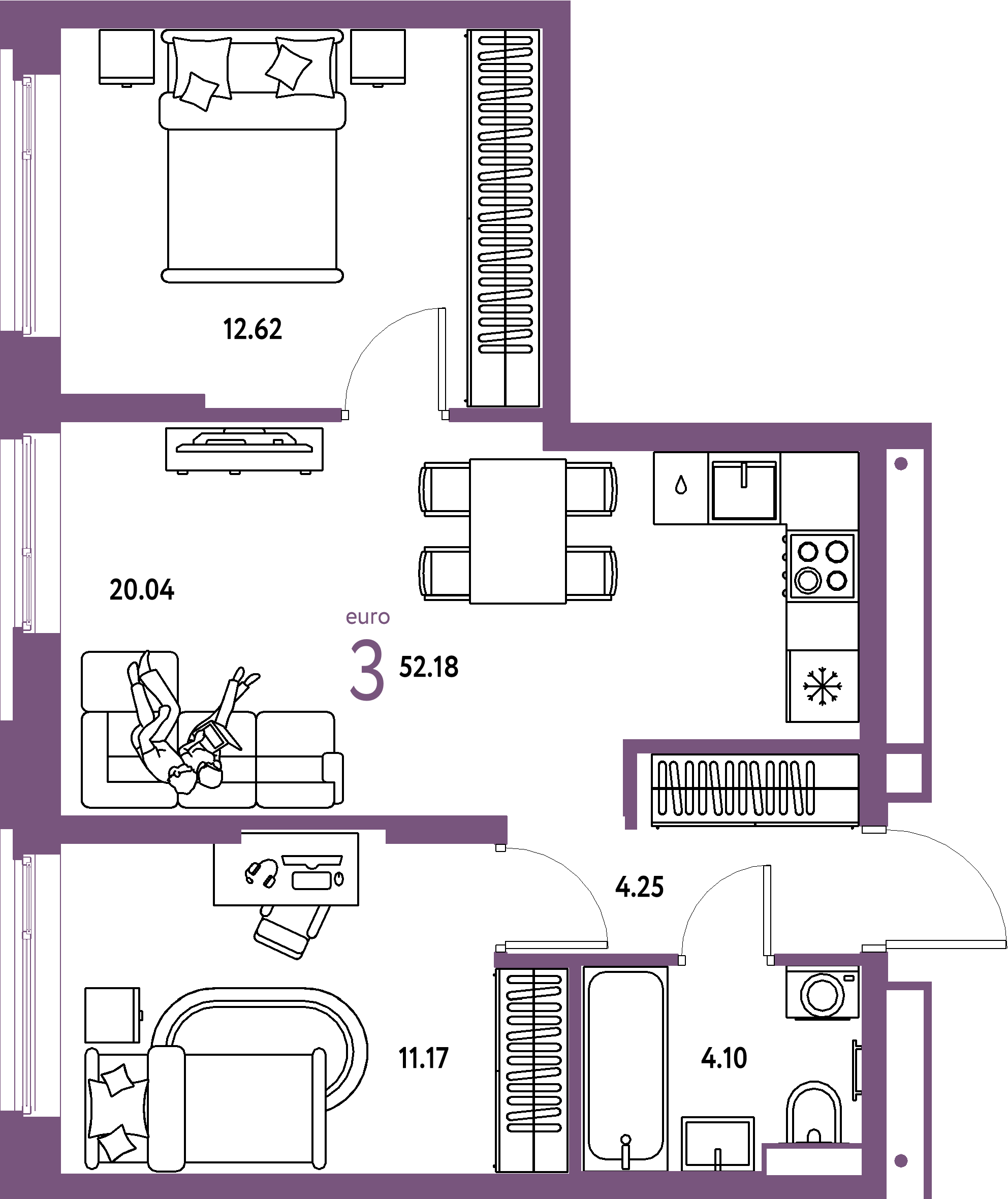 Купить 3-комнатную квартиру 52.18м², этаж №13 кв №390 в ЖК 