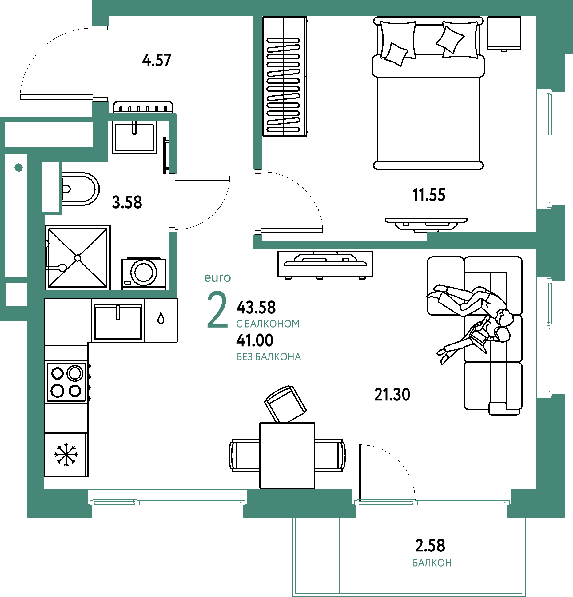 Купить 2-комнатную квартиру 43.58м², этаж №14 кв №400 в ЖК 