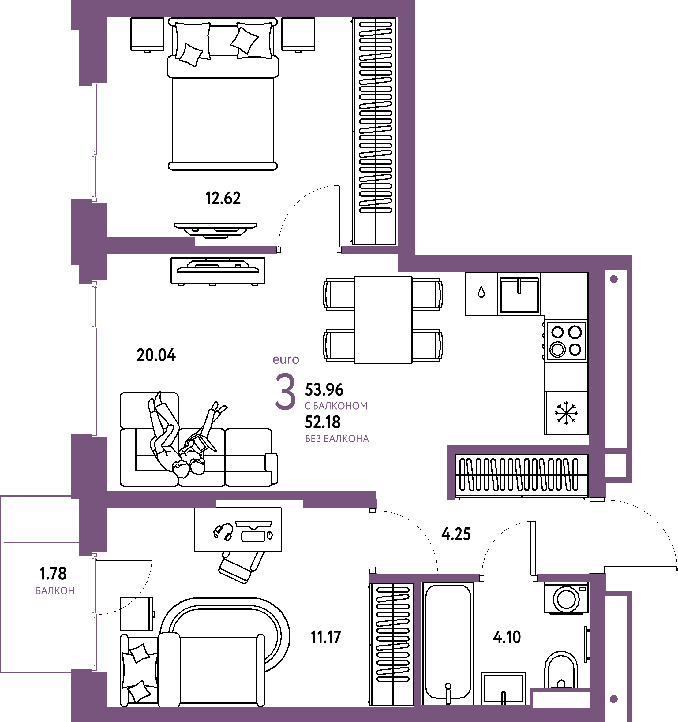 ЖК "Авторский"-3-комнатная 53.96 м²