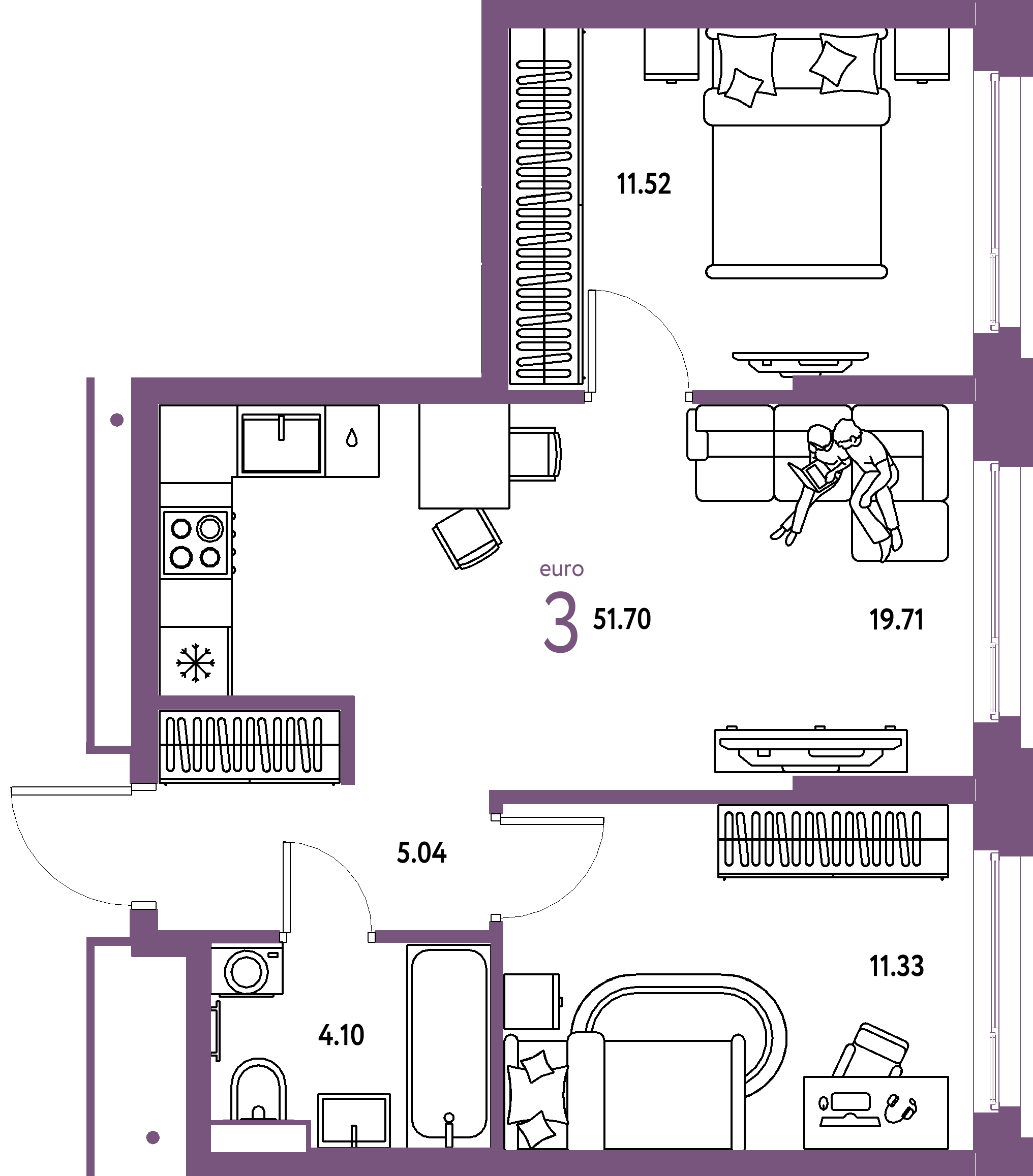 ЖК "Авторский"-3-комнатная 51.7 м²