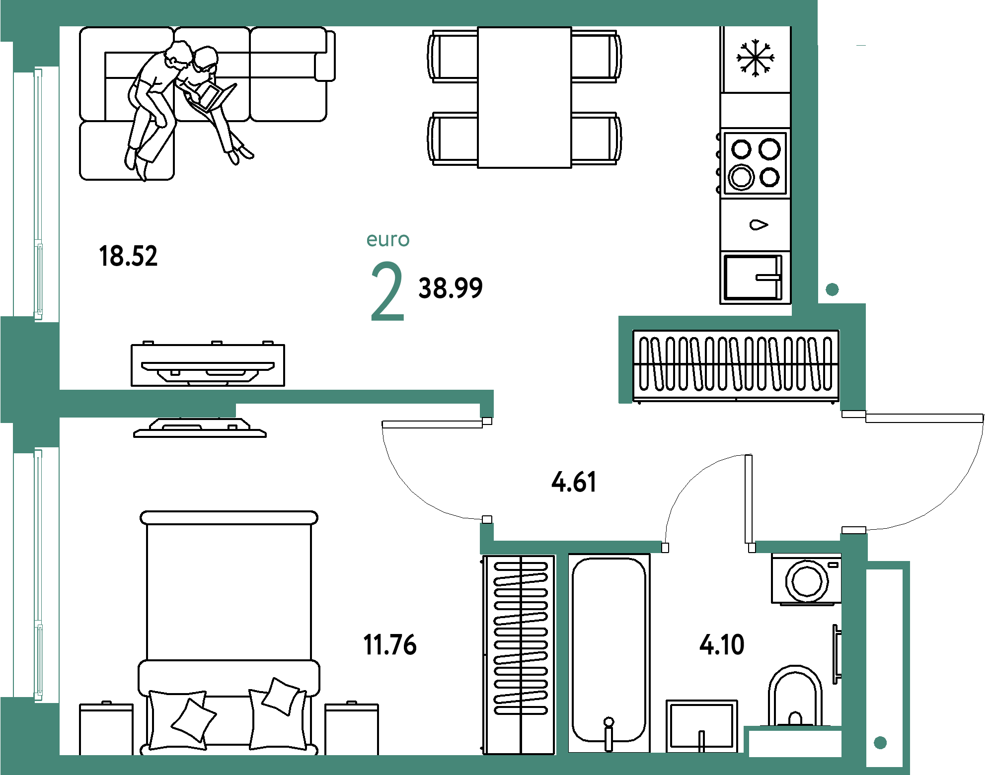 ЖК "Авторский"-2-комнатная 38.99 м²