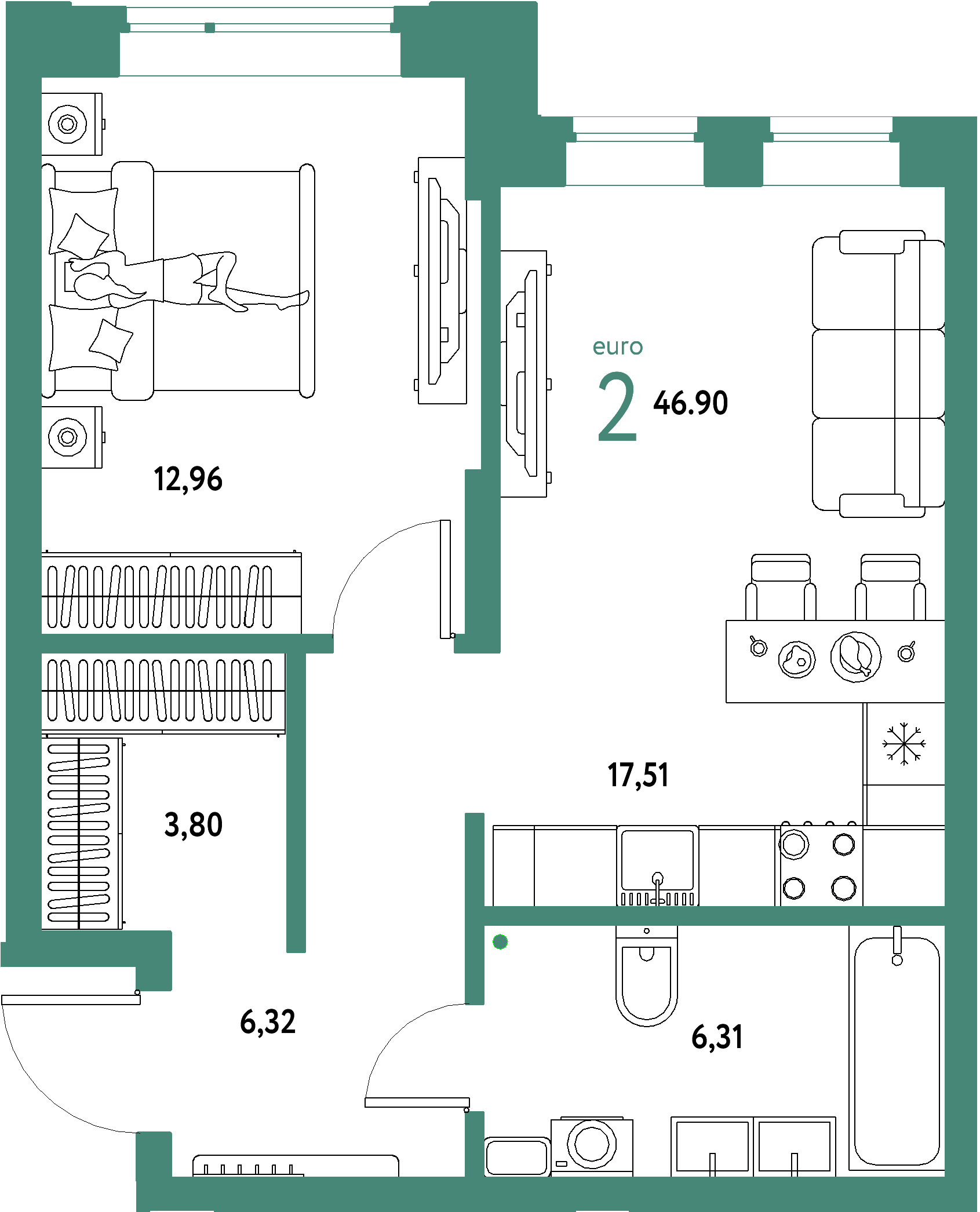 ЖК "Авторский"-2-комнатная 46.9 м²
