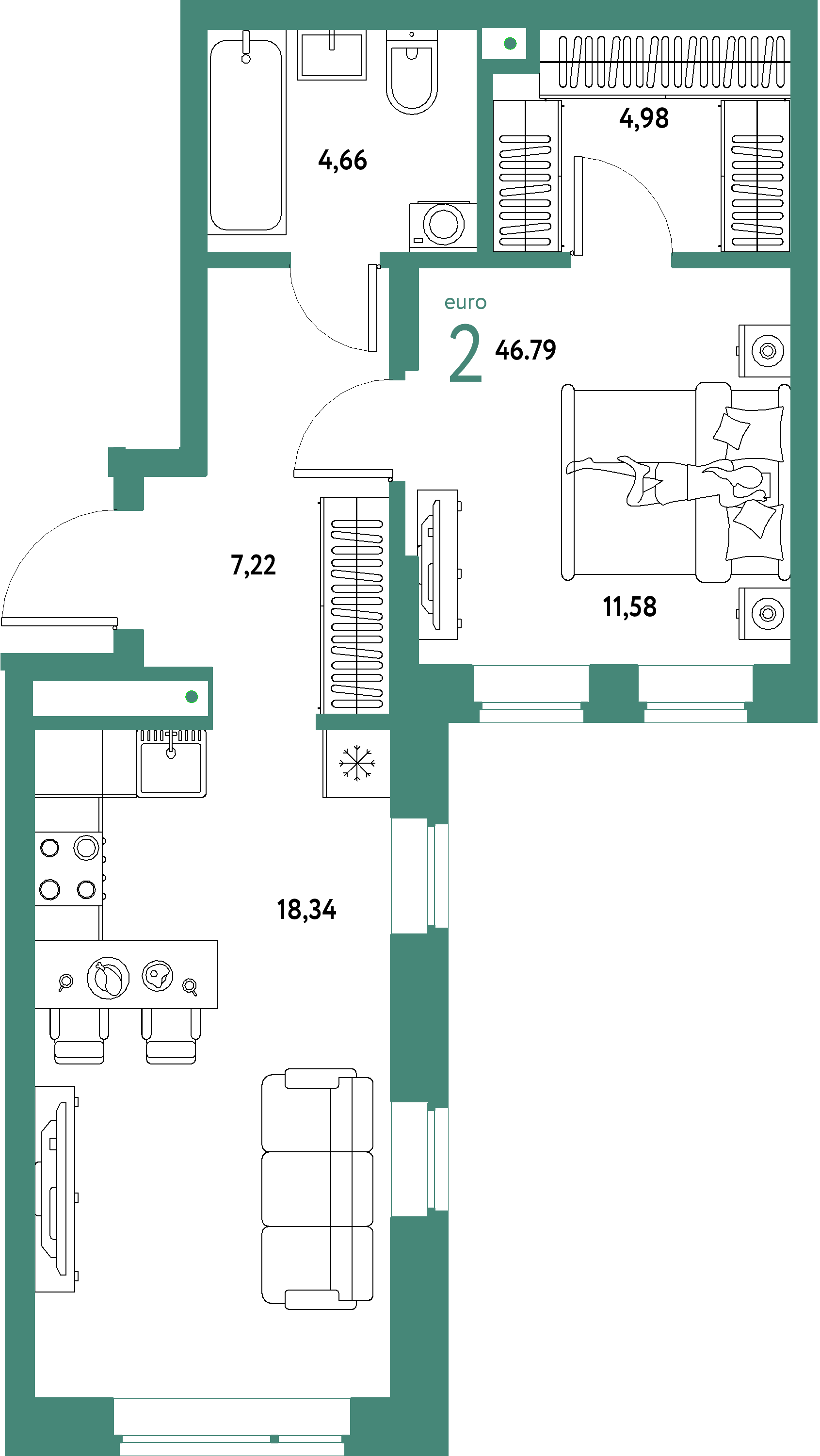 ЖК "Авторский"-2-комнатная 46.79 м²