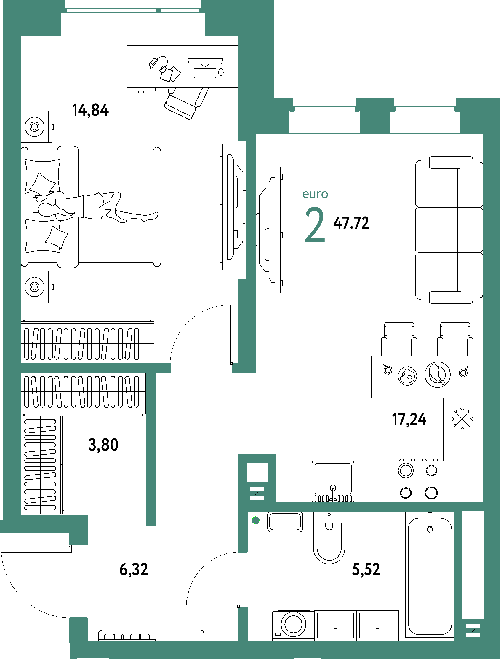 ЖК "Авторский"-2-комнатная 47.72 м²