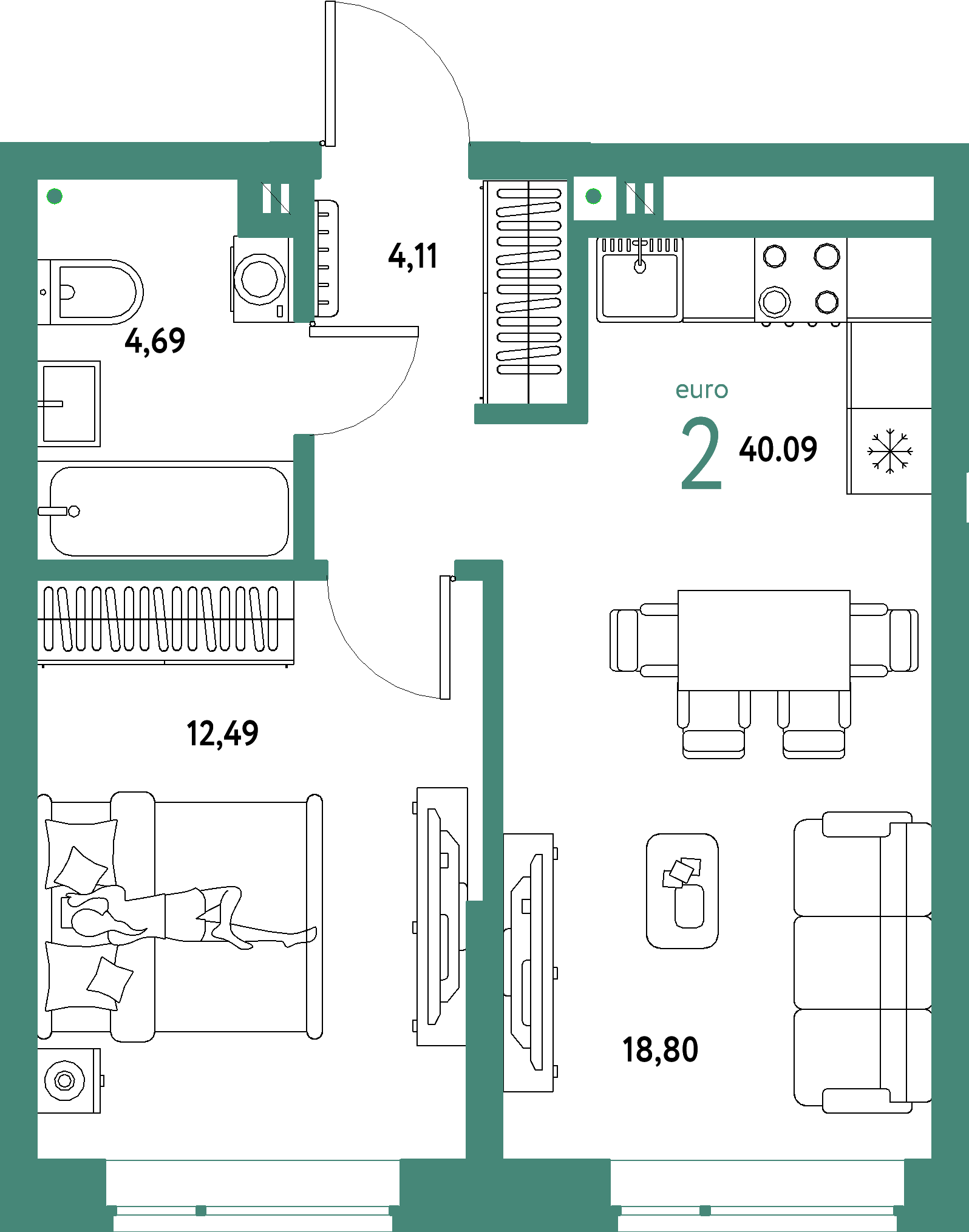 ЖК "Авторский"-2-комнатная 40.09 м²