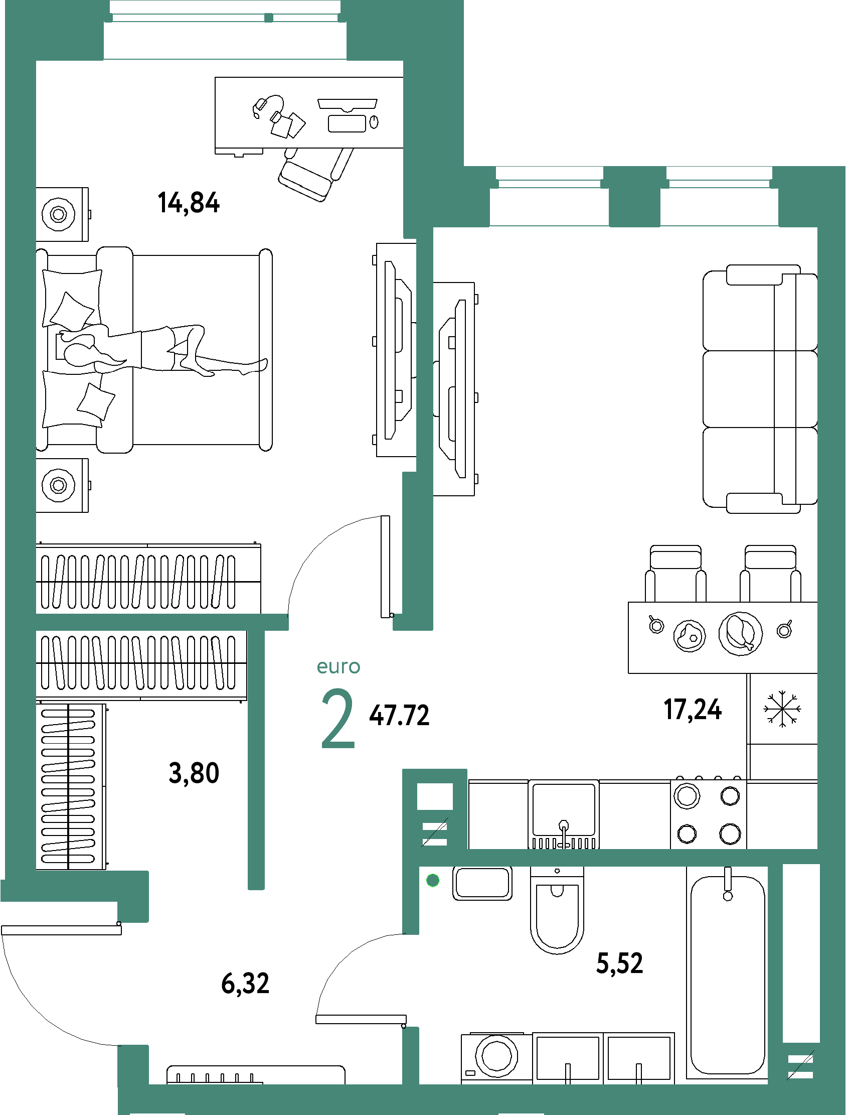 ЖК "Авторский"-2-комнатная 47.72 м²