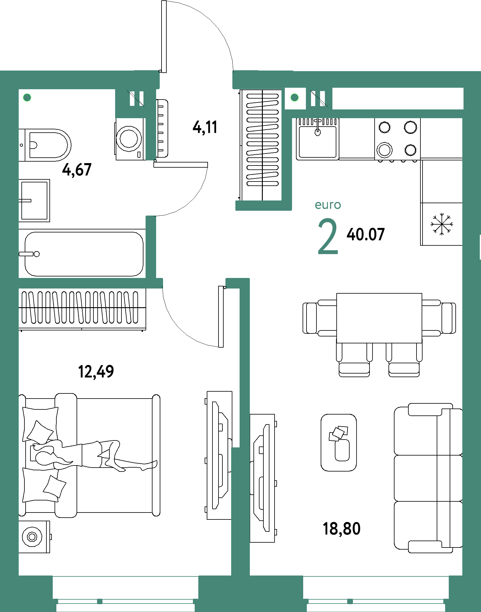 ЖК "Авторский"-2-комнатная 40.07 м²