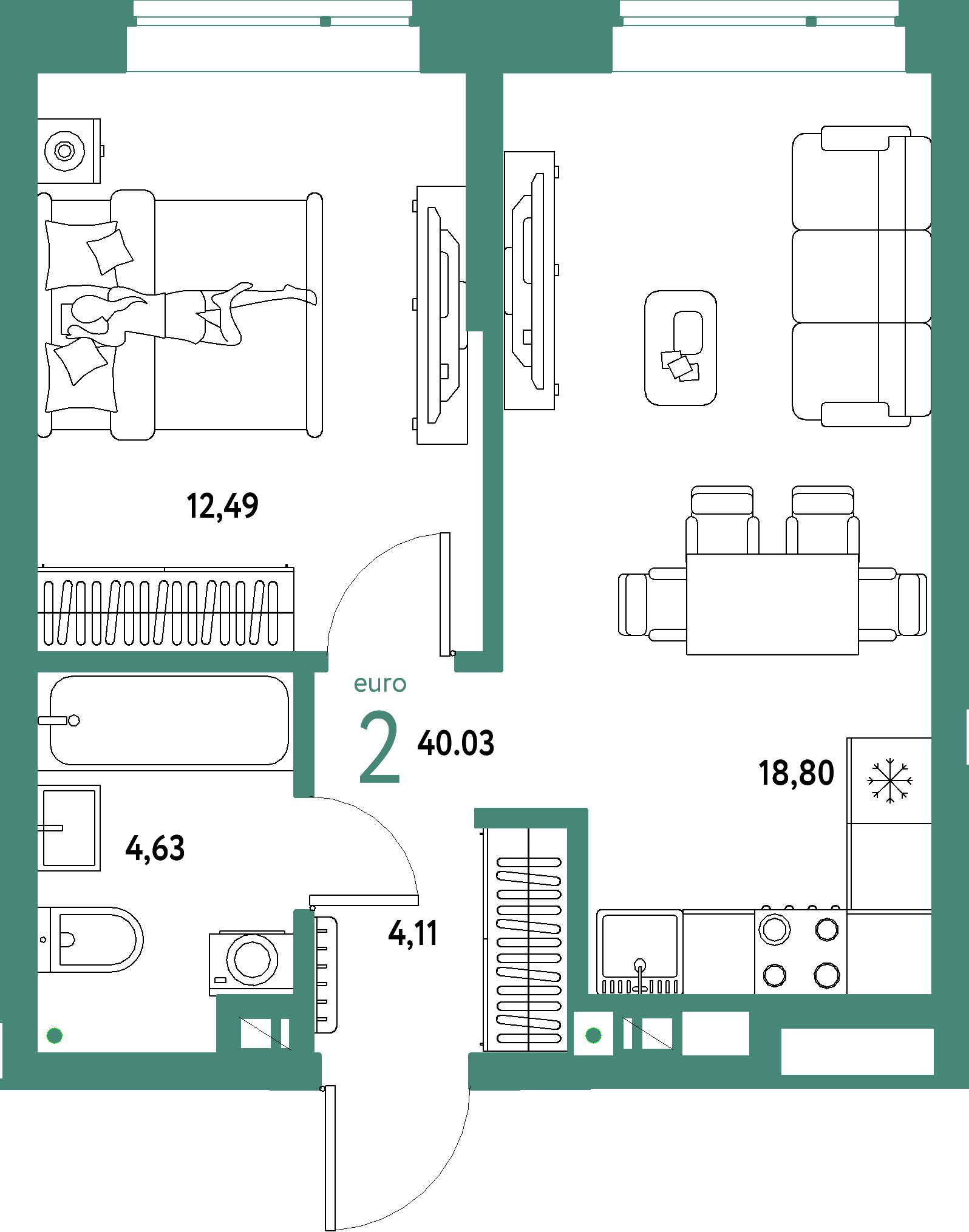 ЖК "Авторский"-2-комнатная 40.03 м²