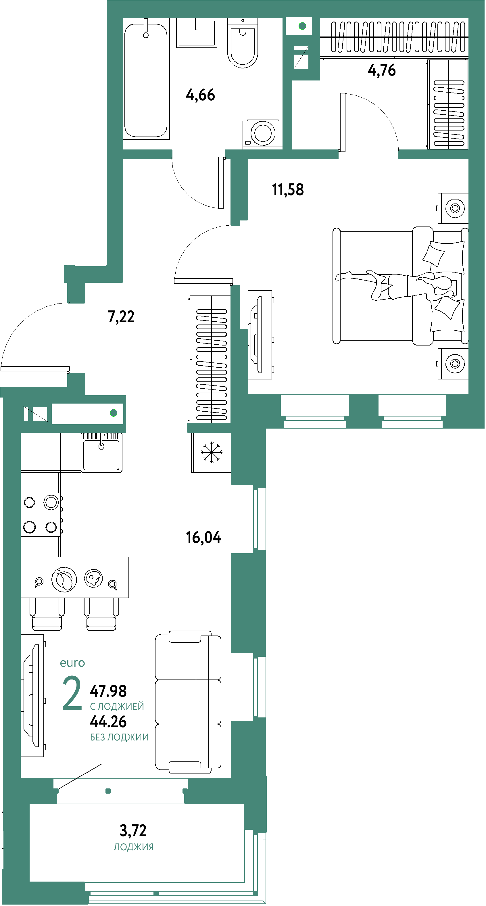 Купить 2-комнатную квартиру 47.98м², этаж №6 кв №46 в ЖК 