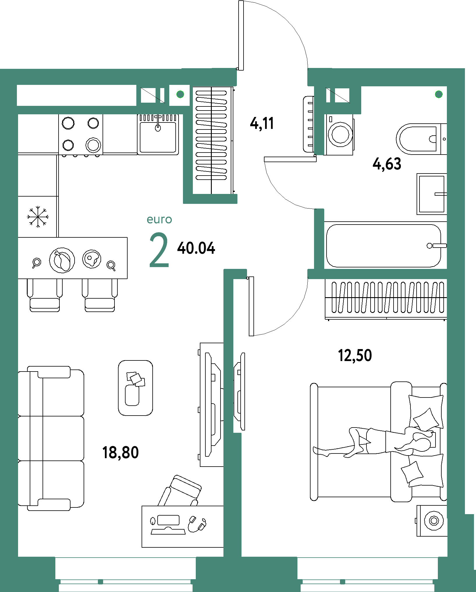 ЖК "Авторский"-2-комнатная 40.04 м²