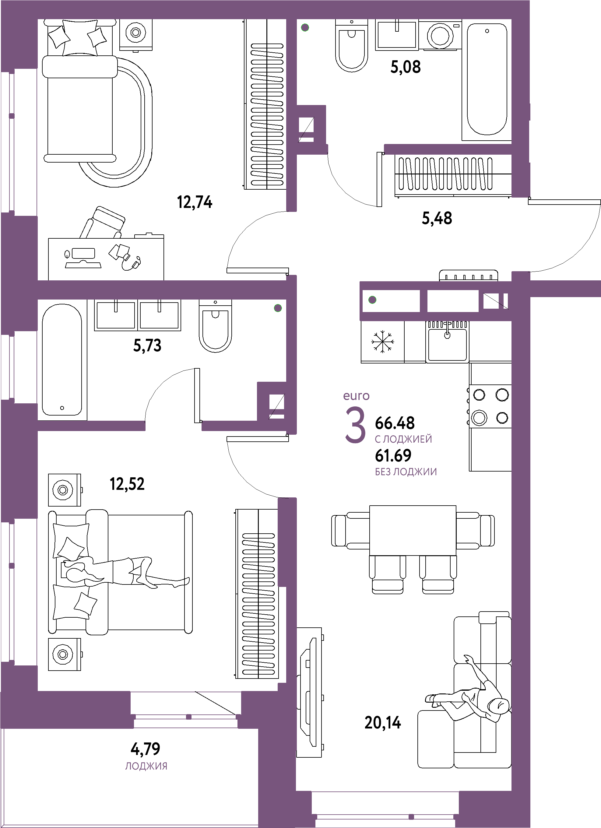 ЖК "Авторский"-3-комнатная 66.48 м²