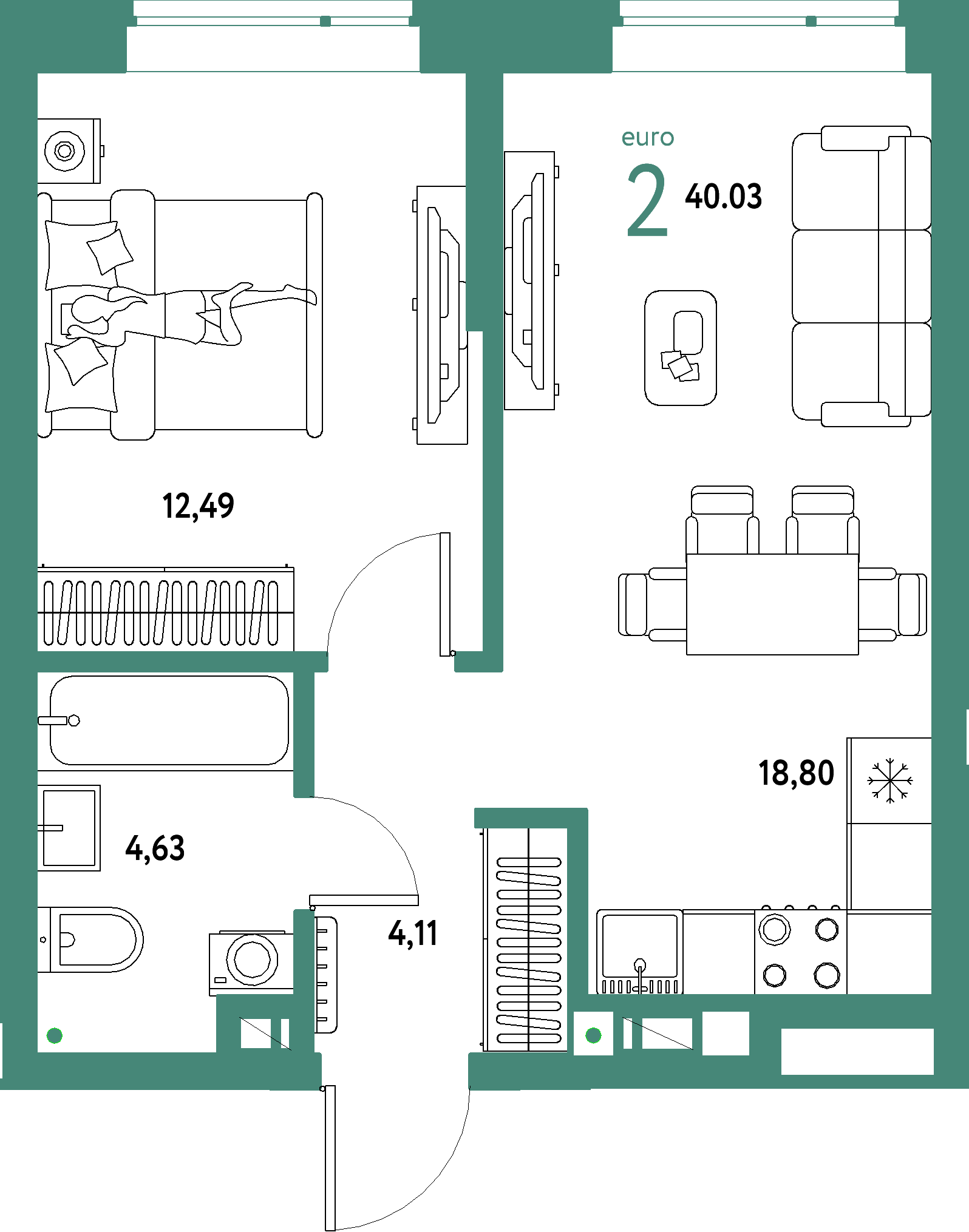 ЖК "Авторский"-2-комнатная 40.03 м²