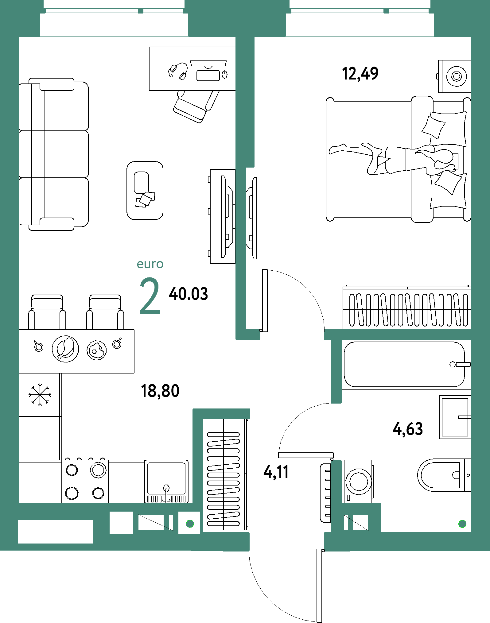 ЖК "Авторский"-2-комнатная 40.03 м²
