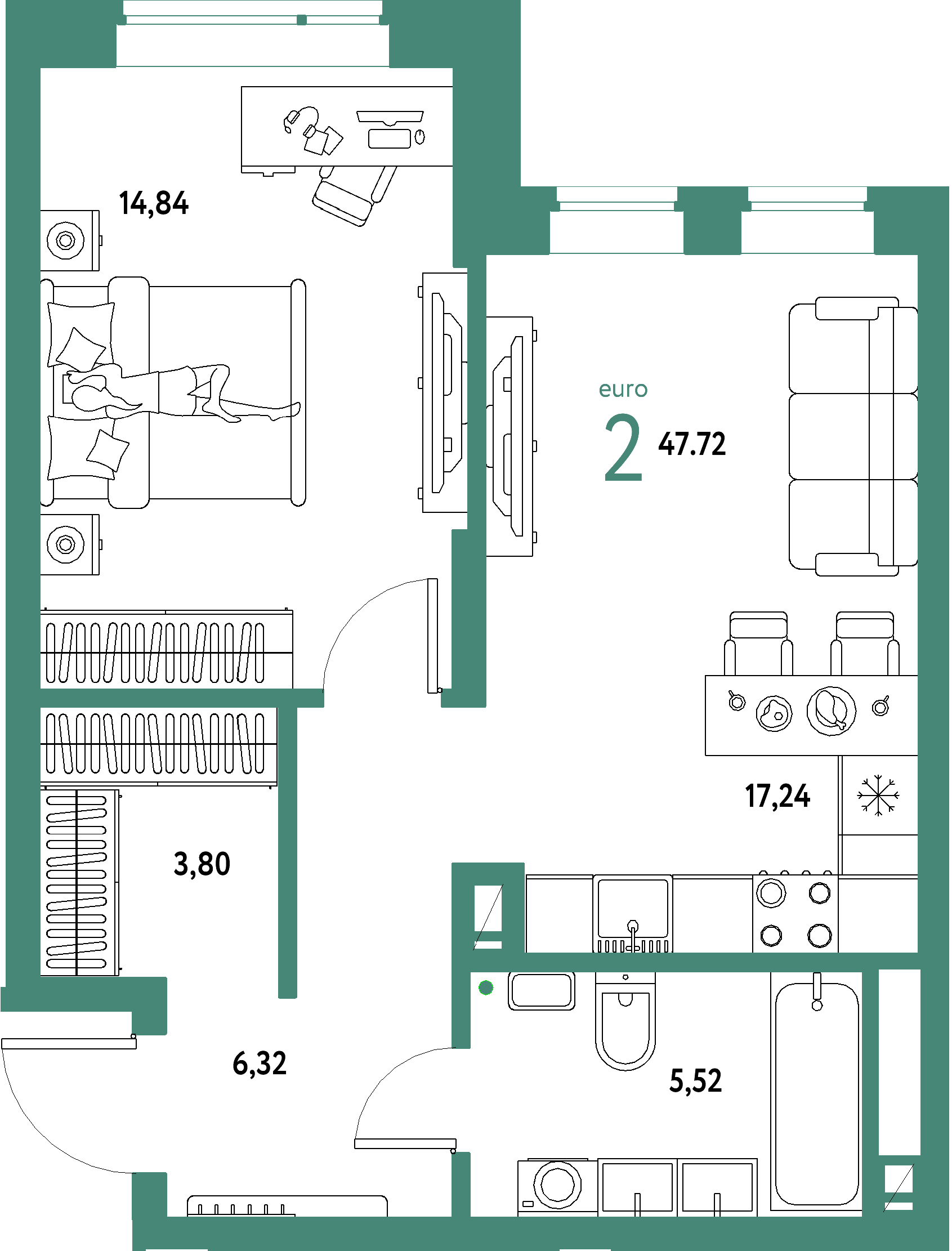 ЖК "Авторский"-2-комнатная 47.72 м²