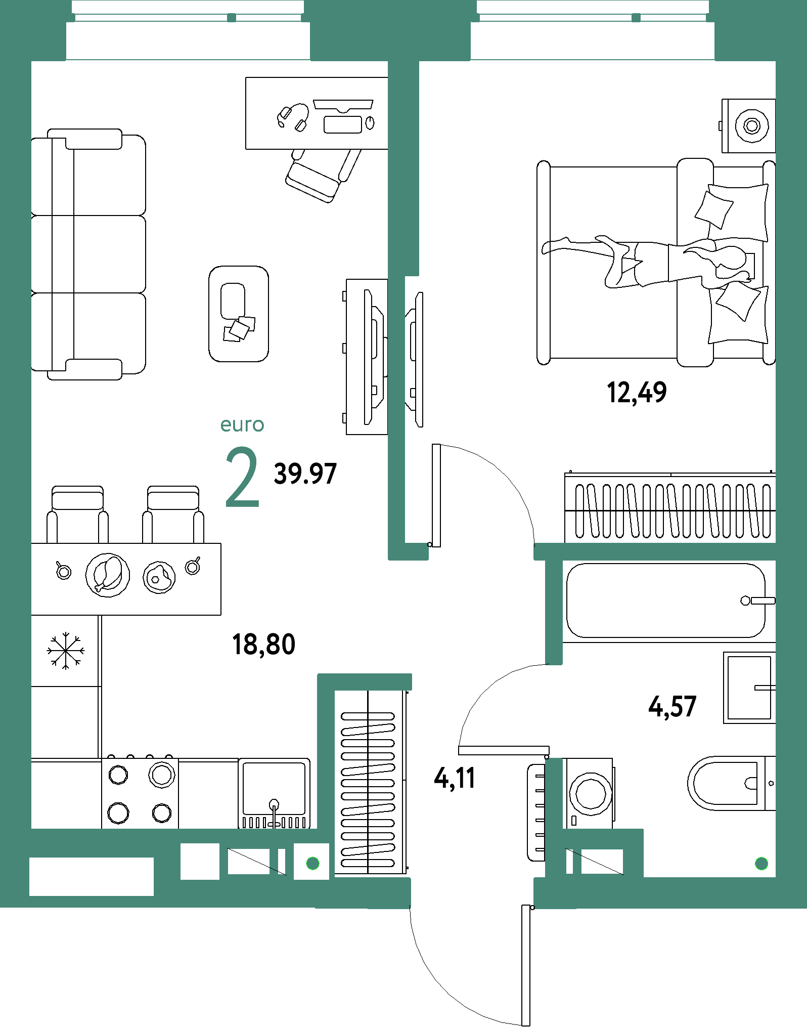 ЖК "Авторский"-2-комнатная 39.97 м²