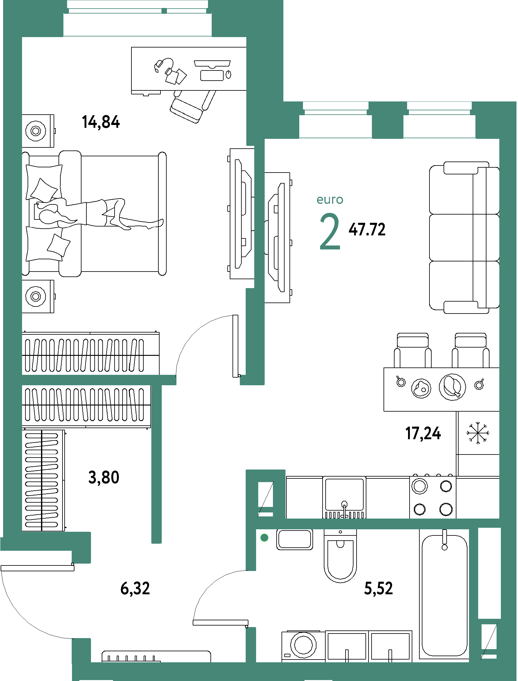 ЖК "Авторский"-2-комнатная 47.72 м²