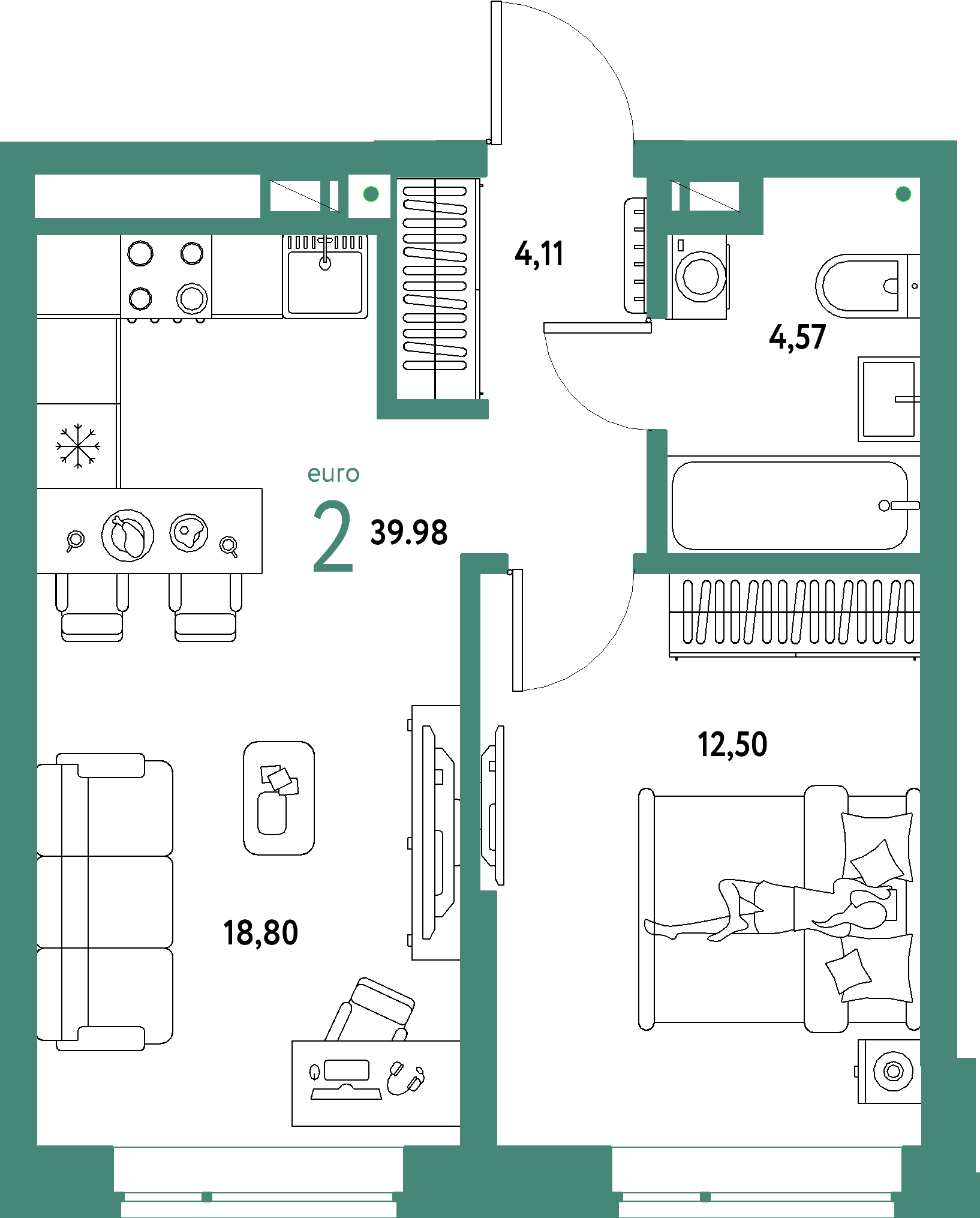 ЖК "Авторский"-2-комнатная 39.98 м²