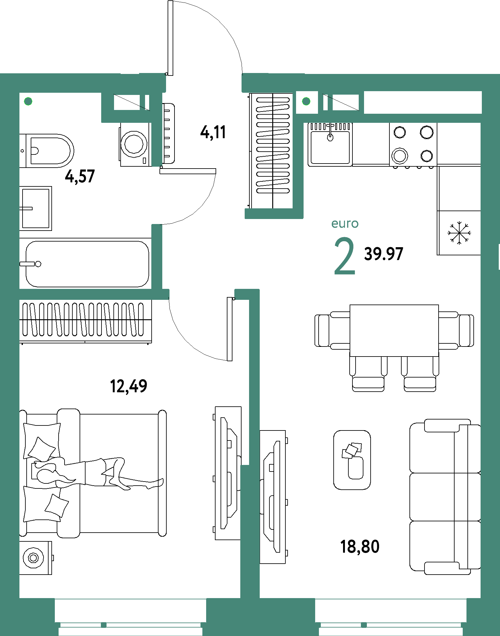 ЖК "Авторский"-2-комнатная 39.97 м²