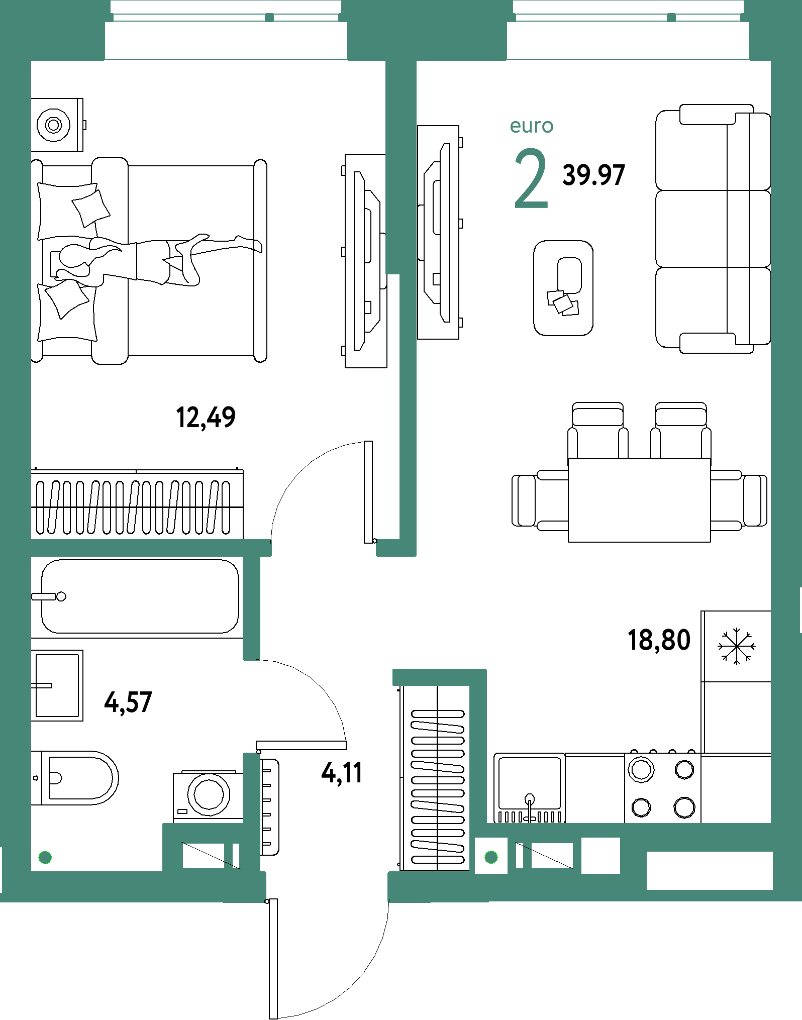 ЖК "Авторский"-2-комнатная 39.97 м²