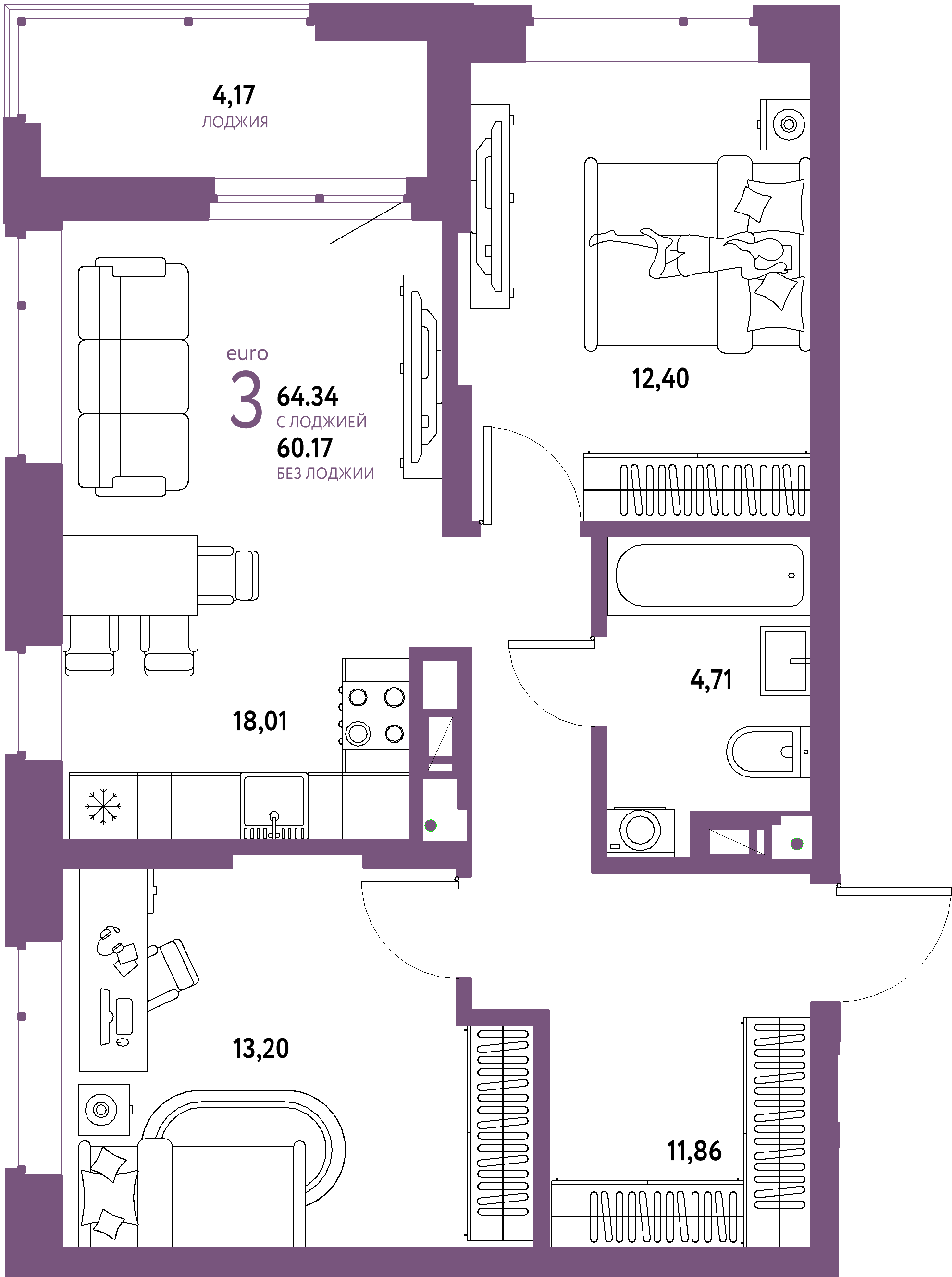ЖК "Авторский"-3-комнатная 64.34 м²