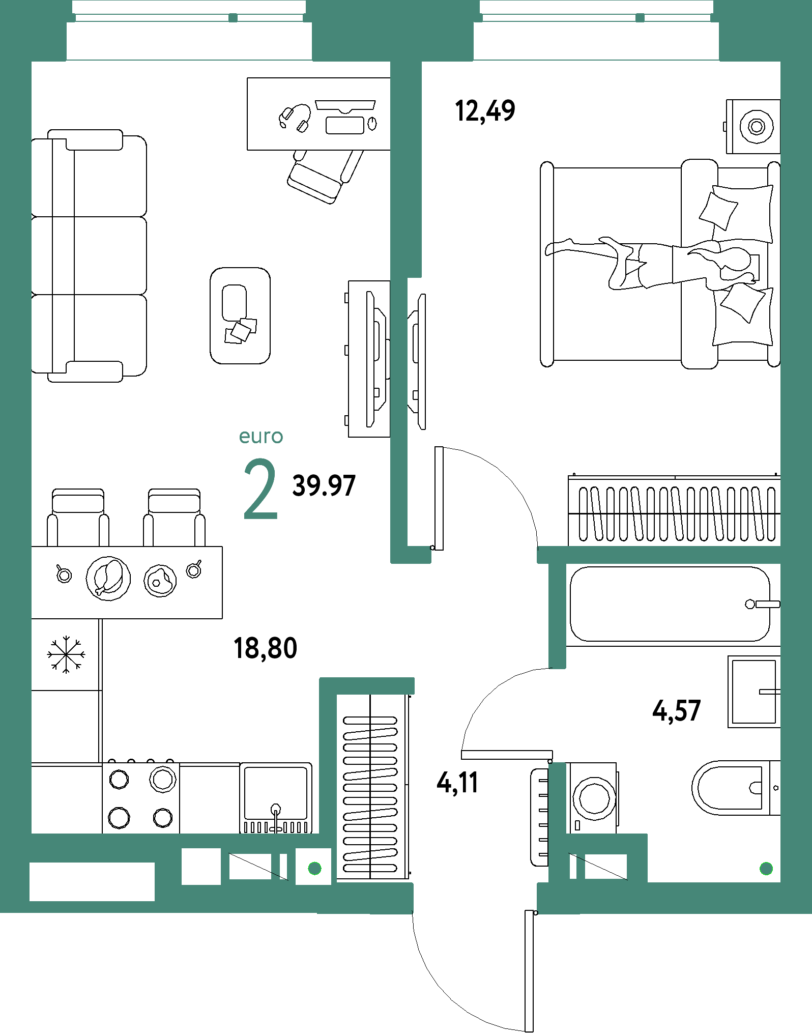 ЖК "Авторский"-2-комнатная 39.97 м²