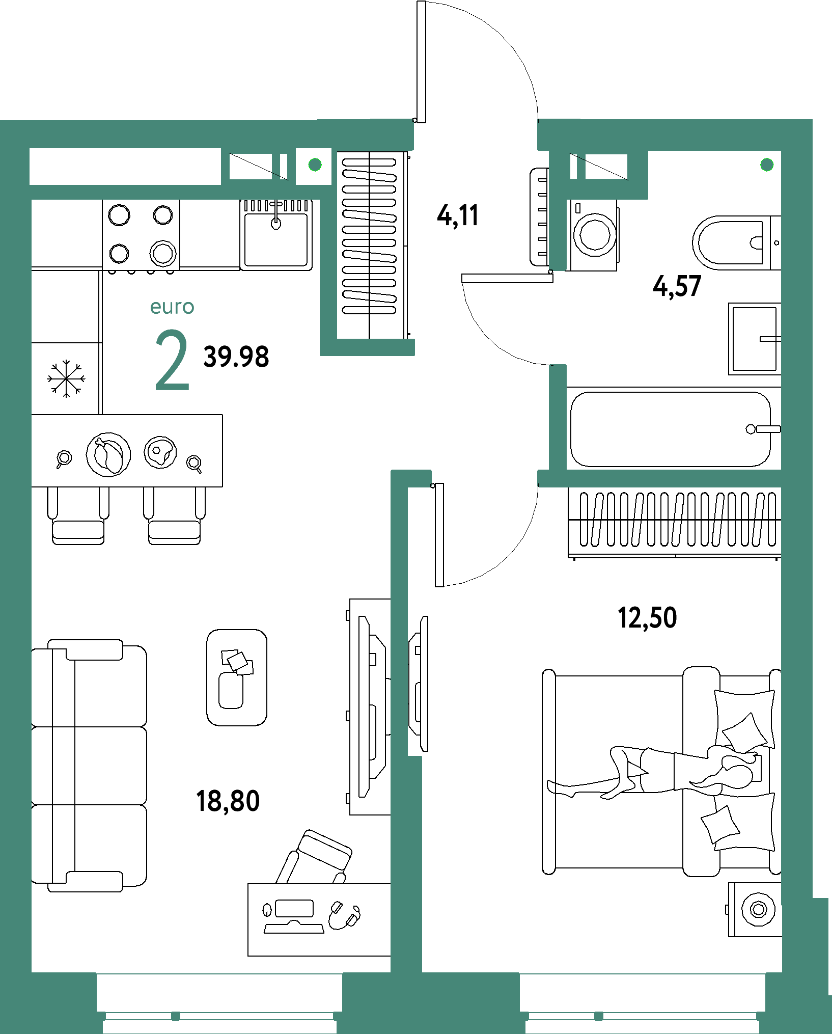 ЖК "Авторский"-2-комнатная 39.98 м²
