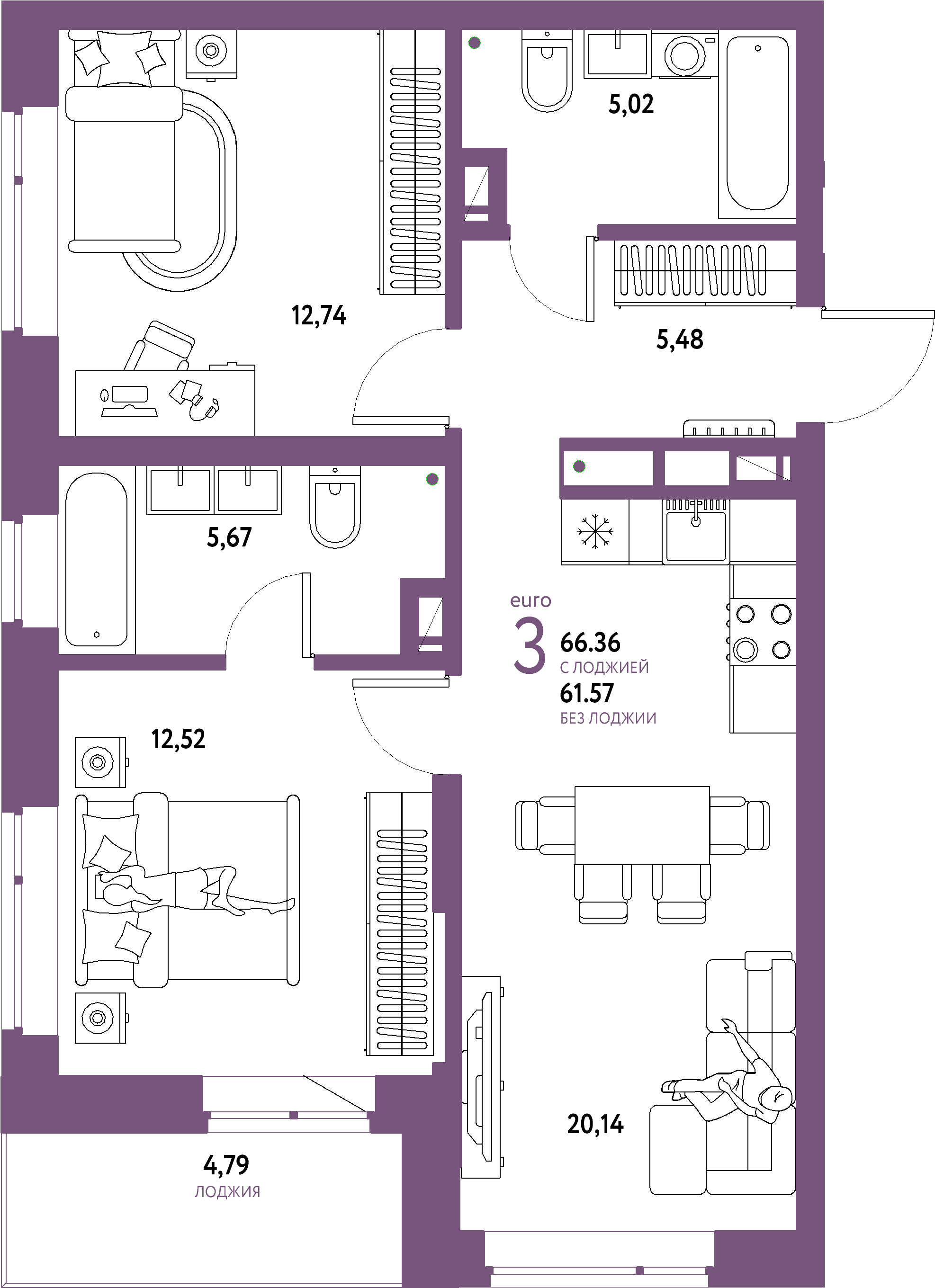 ЖК "Авторский"-3-комнатная 66.36 м²