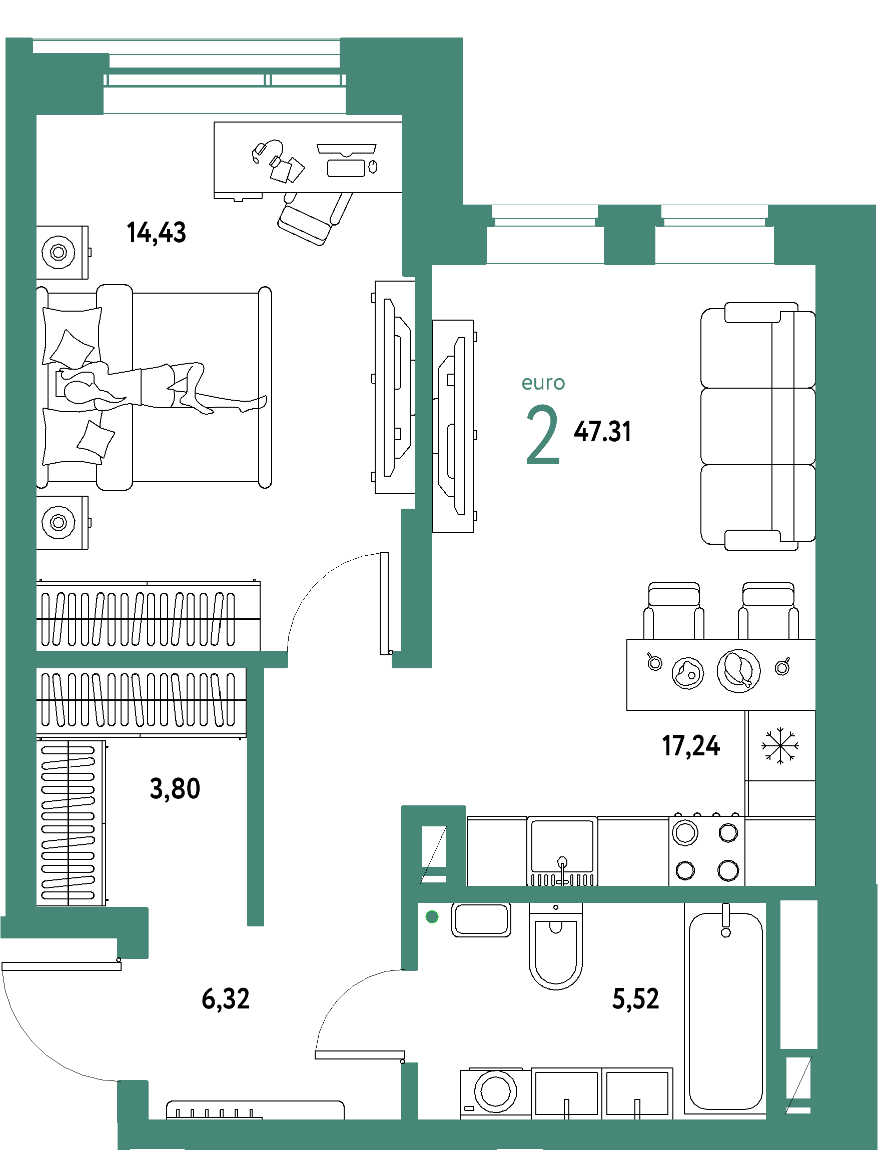 ЖК "Авторский"-2-комнатная 47.31 м²