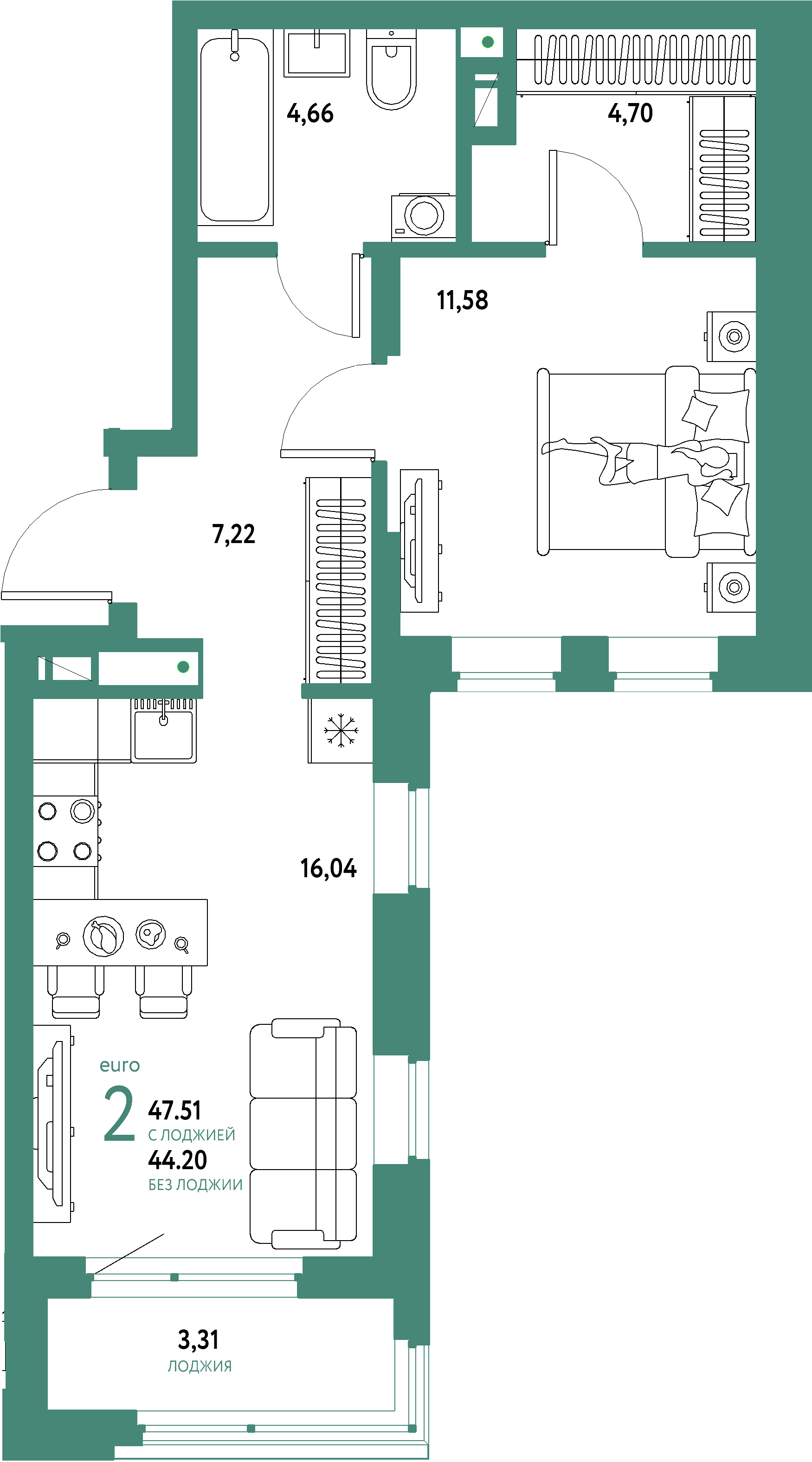 Купить 2-комнатную квартиру 47.51м², этаж №14 кв №126 в ЖК 