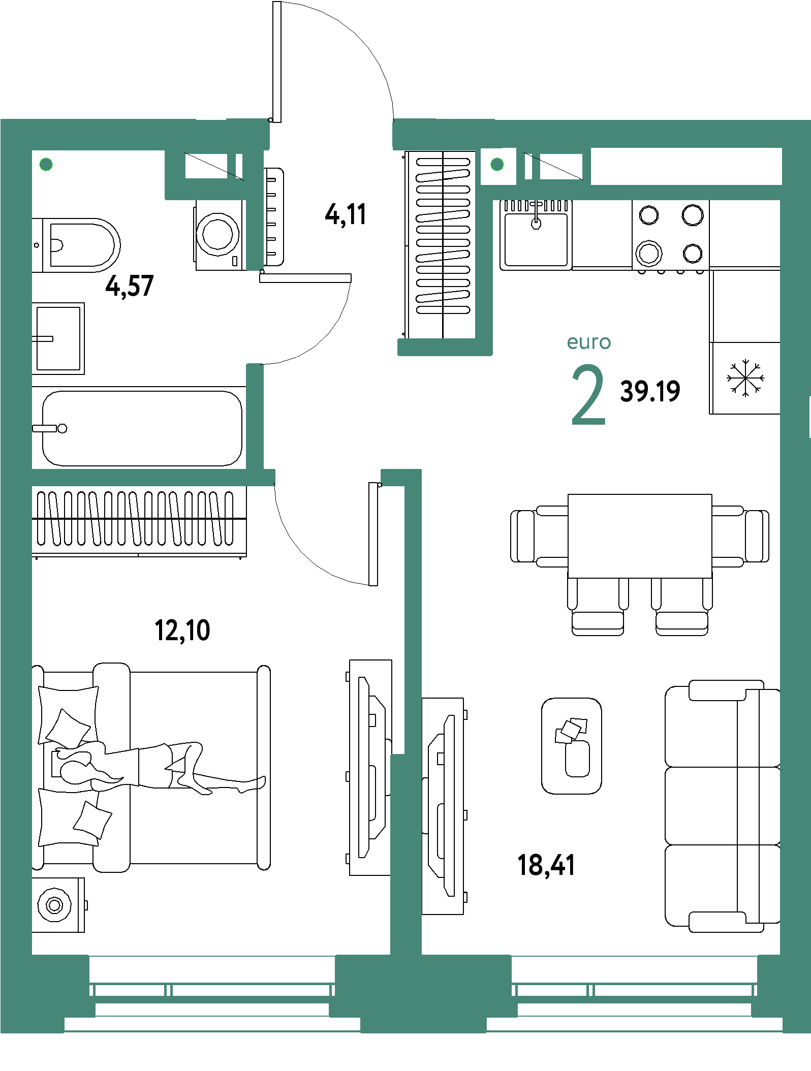 ЖК "Авторский"-2-комнатная 39.19 м²