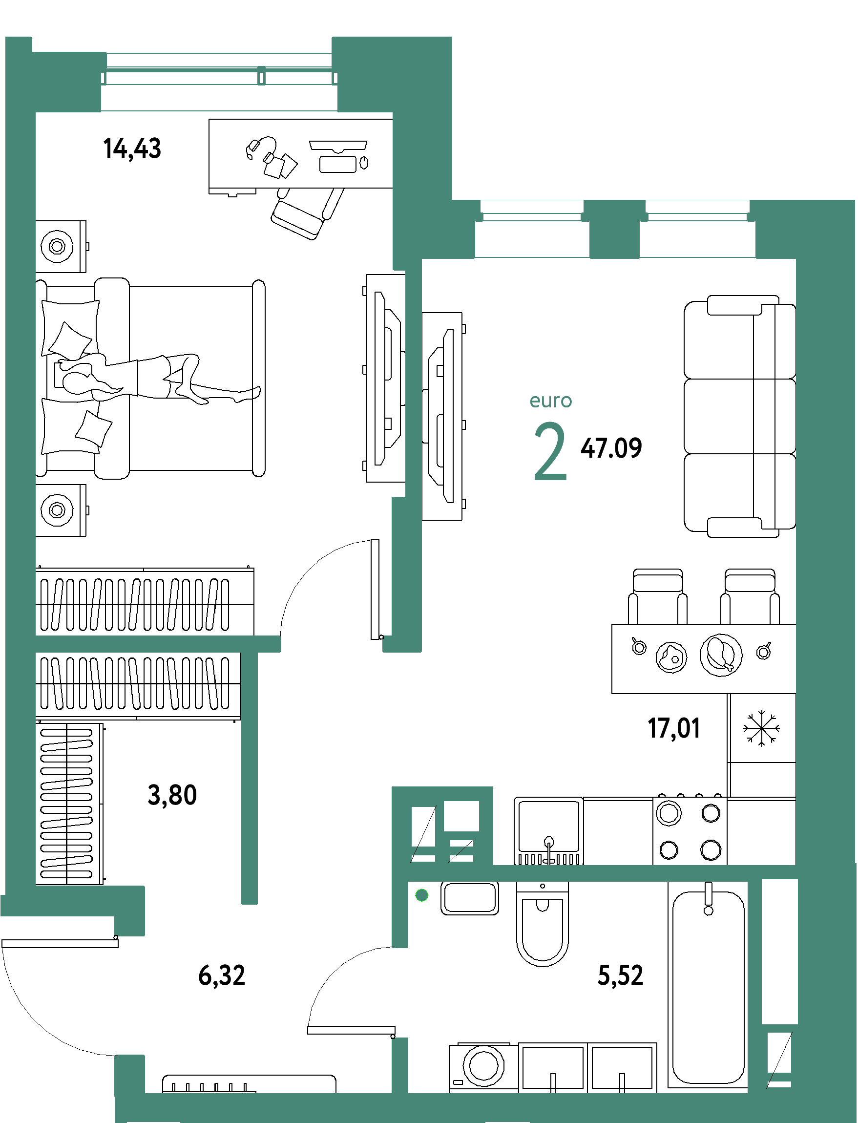 ЖК "Авторский"-2-комнатная 47.09 м²