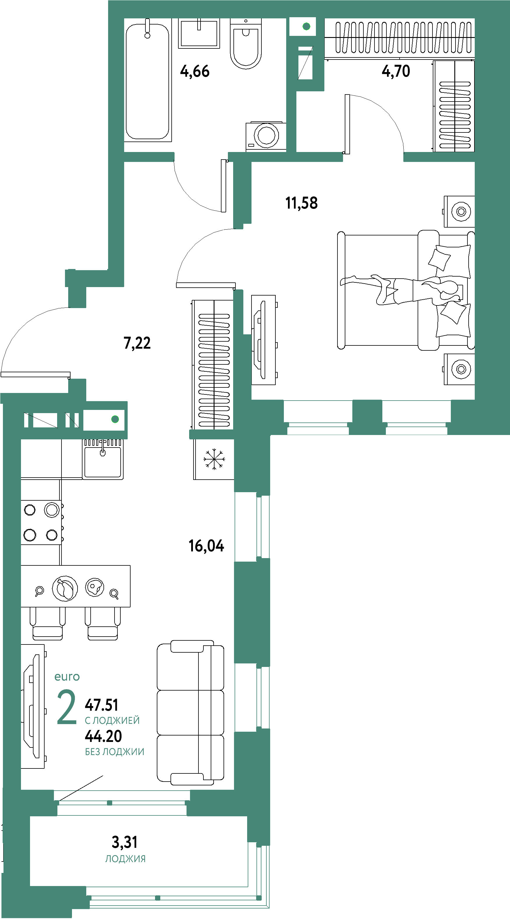 ЖК "Авторский"-2-комнатная 47.51 м²