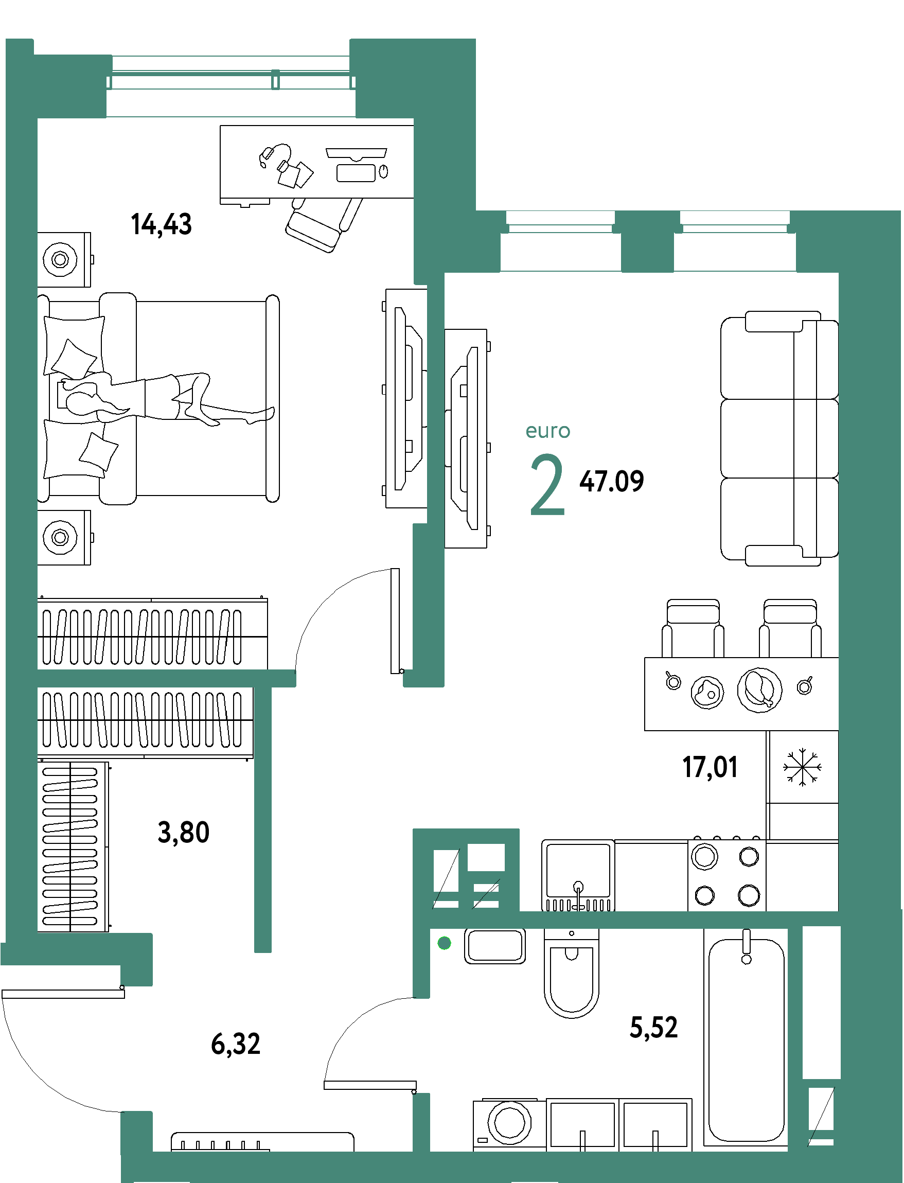 Купить 2-комнатную квартиру 47.09м², этаж №16 кв №145 в ЖК 