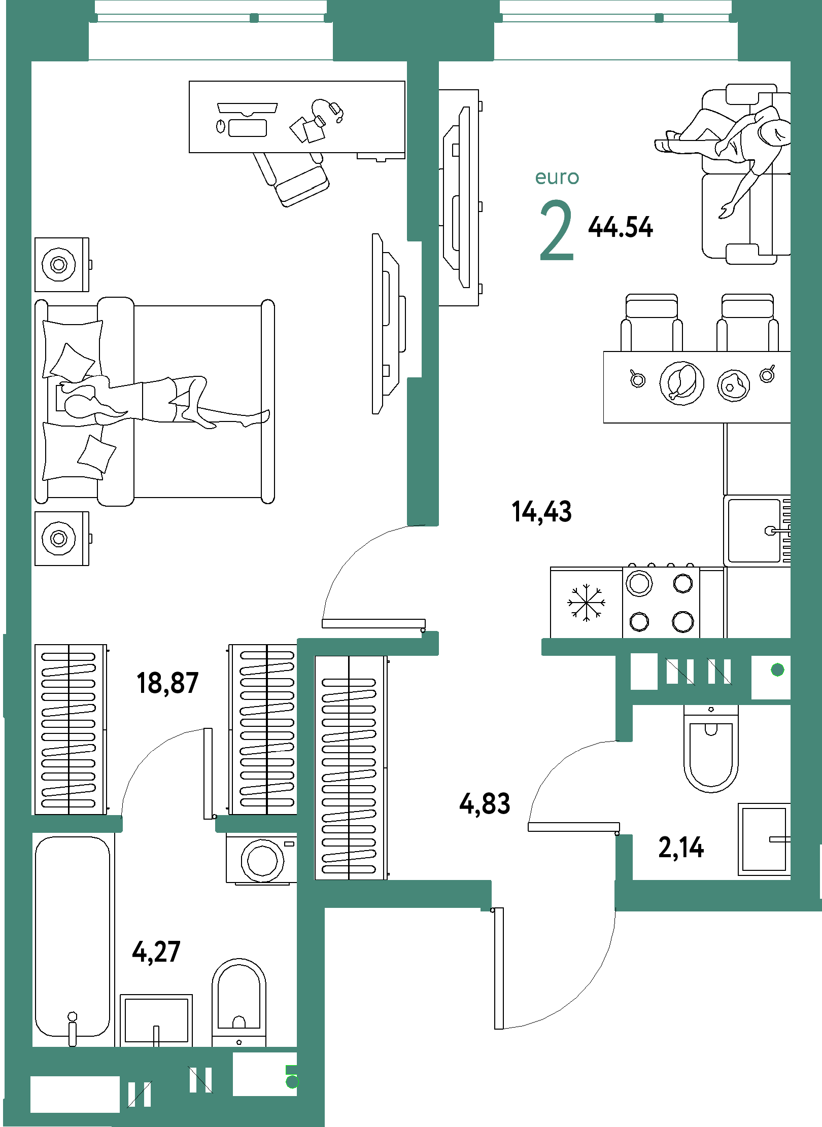 ЖК "Авторский"-2-комнатная 44.54 м²