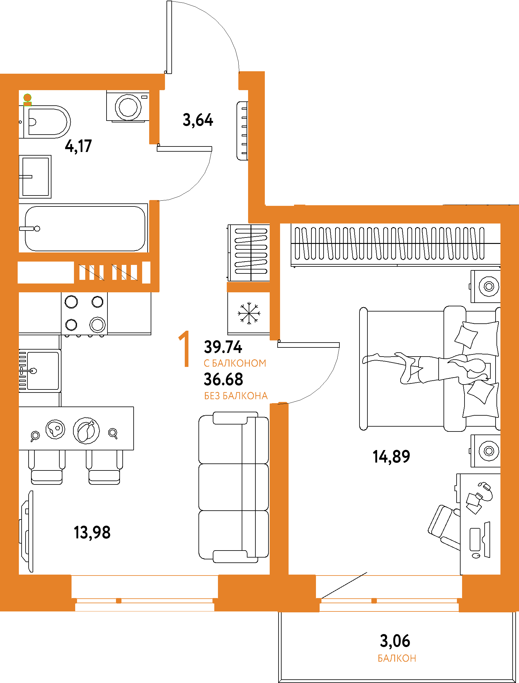 ЖК "Авторский"-1-комнатная 39.74 м²