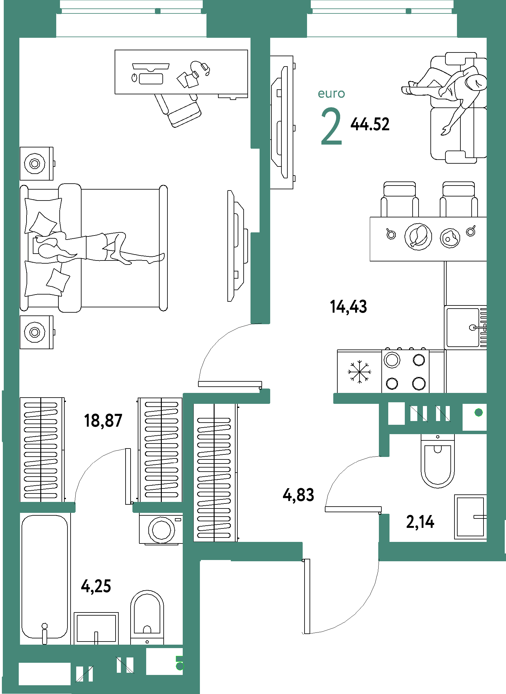 ЖК "Авторский"-2-комнатная 44.52 м²