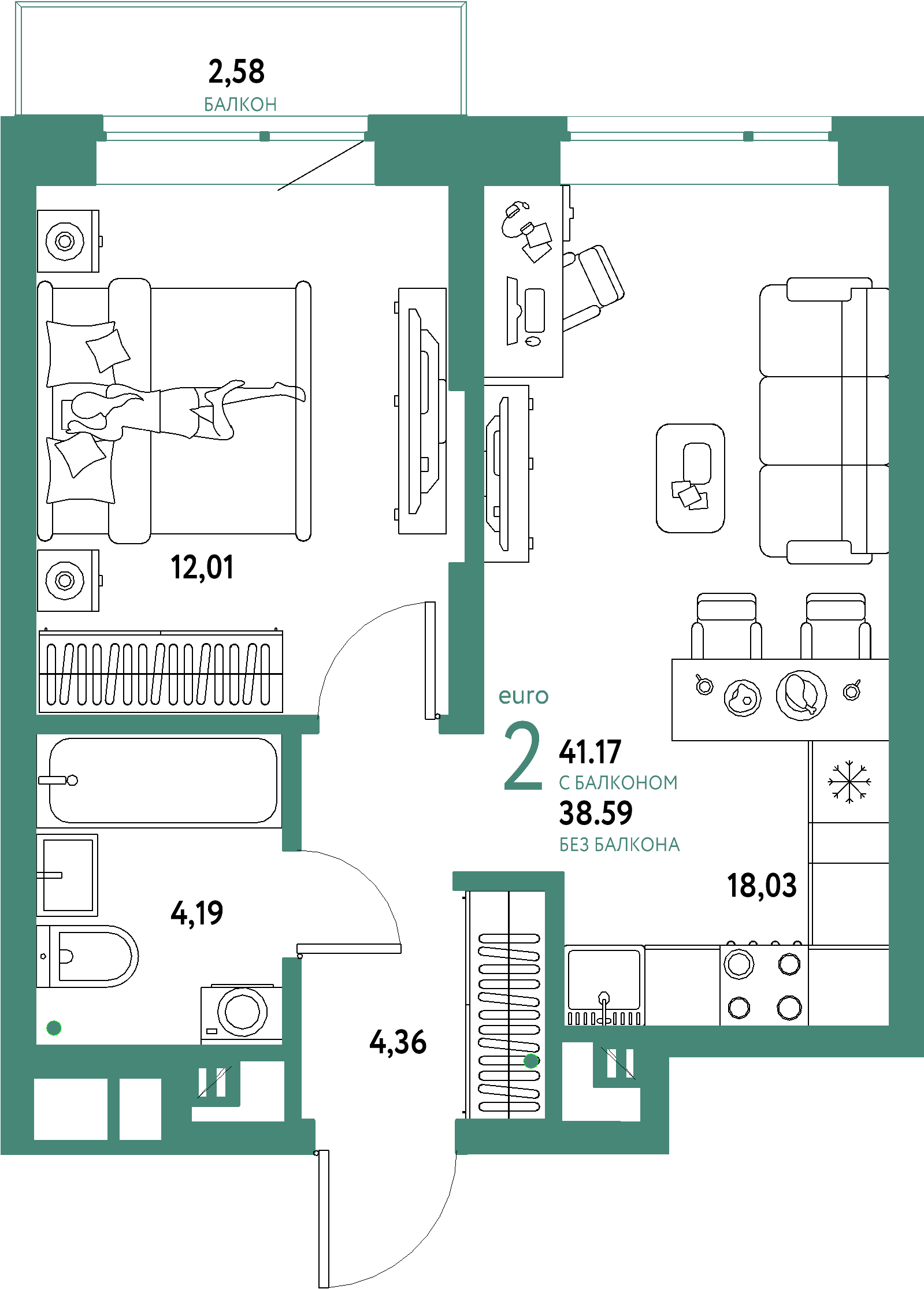 ЖК "Авторский"-2-комнатная 41.17 м²