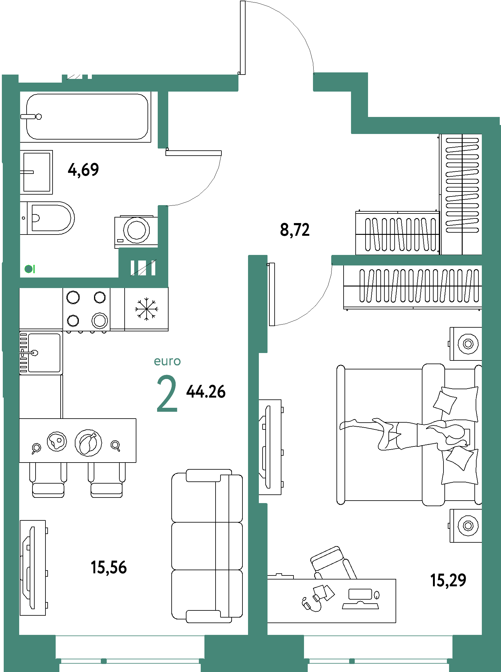 ЖК "Авторский"-2-комнатная 44.26 м²