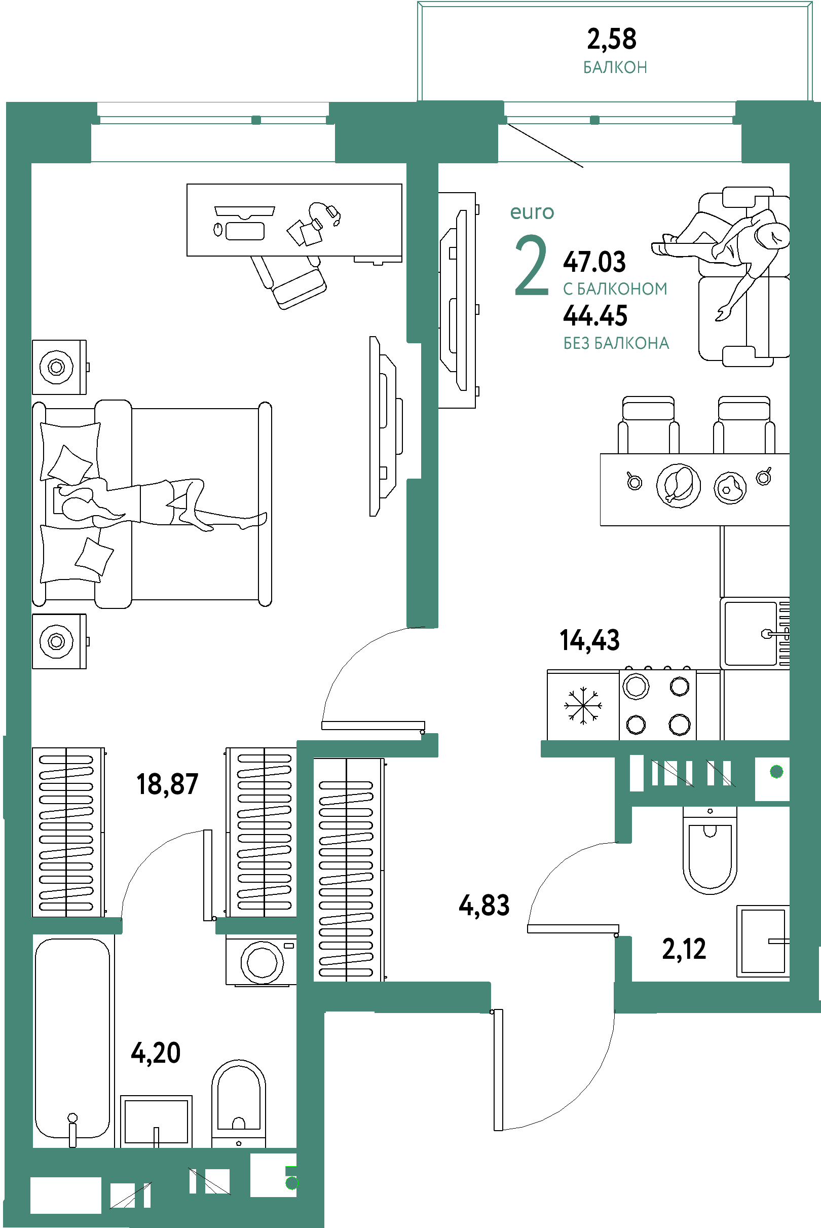 ЖК "Авторский"-2-комнатная 47.03 м²