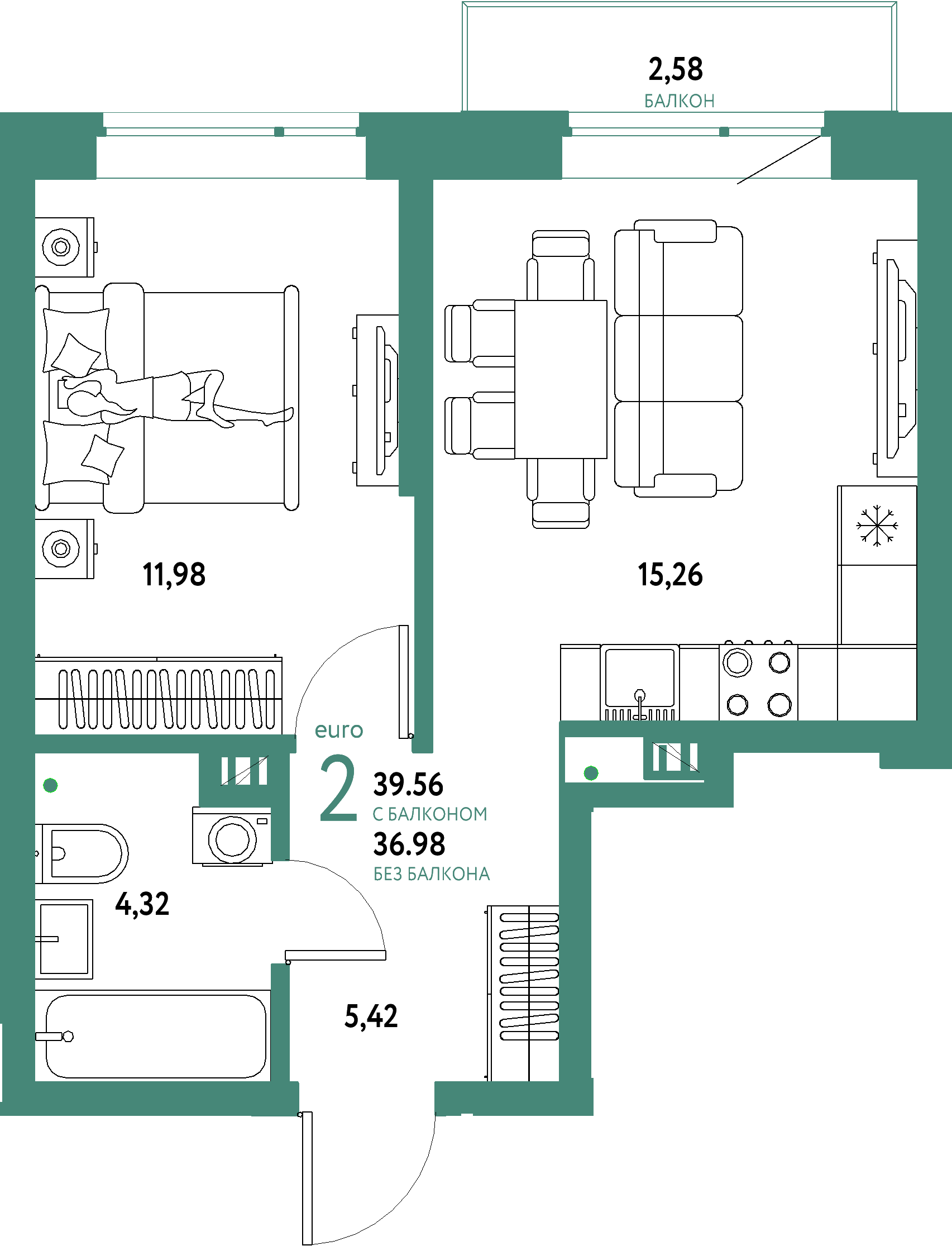 ЖК "Авторский"-2-комнатная 39.56 м²