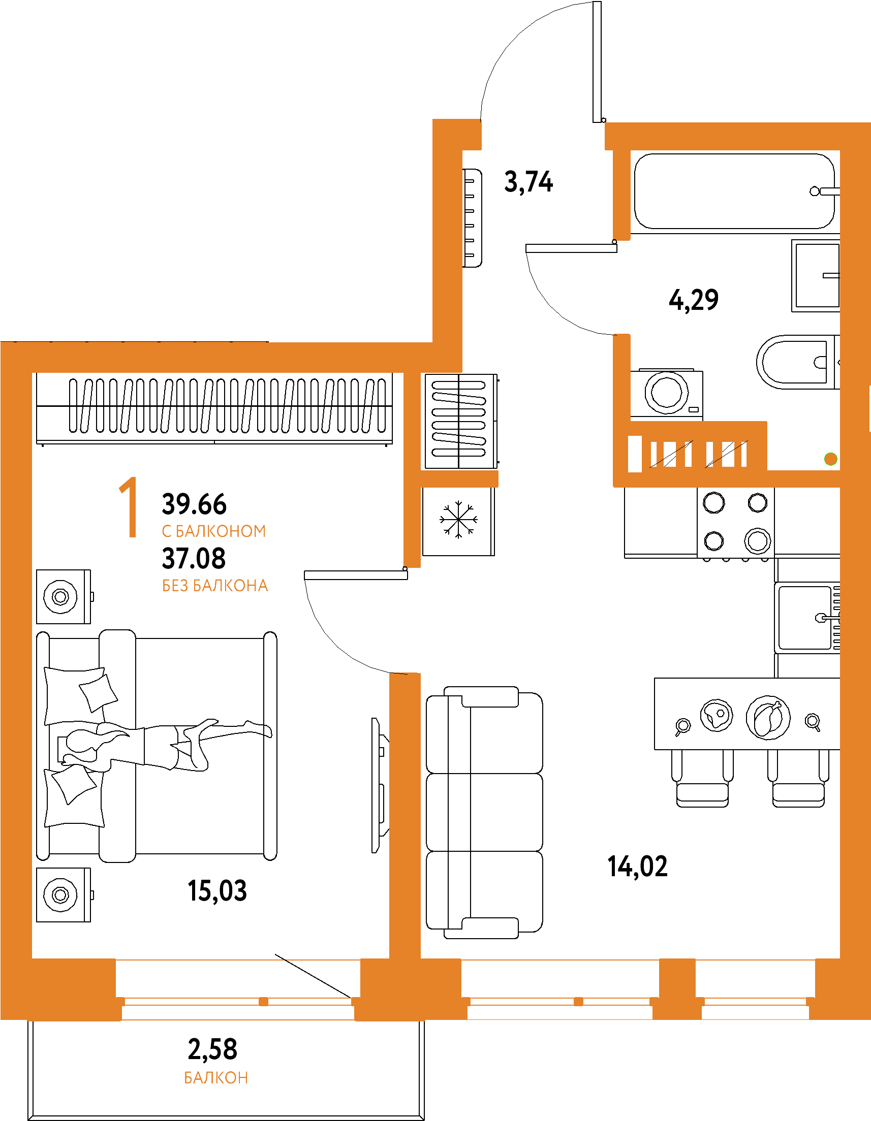 ЖК "Авторский"-1-комнатная 39.66 м²