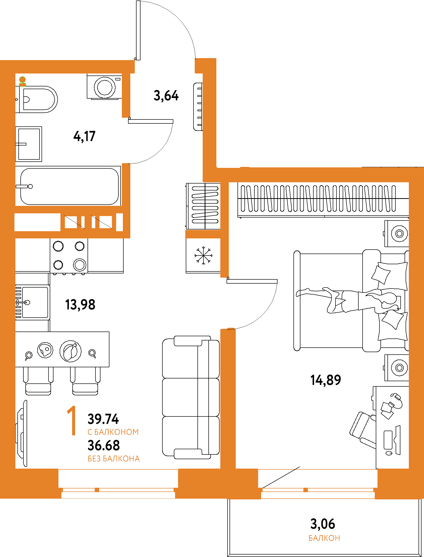 ЖК "Авторский"-1-комнатная 39.74 м²