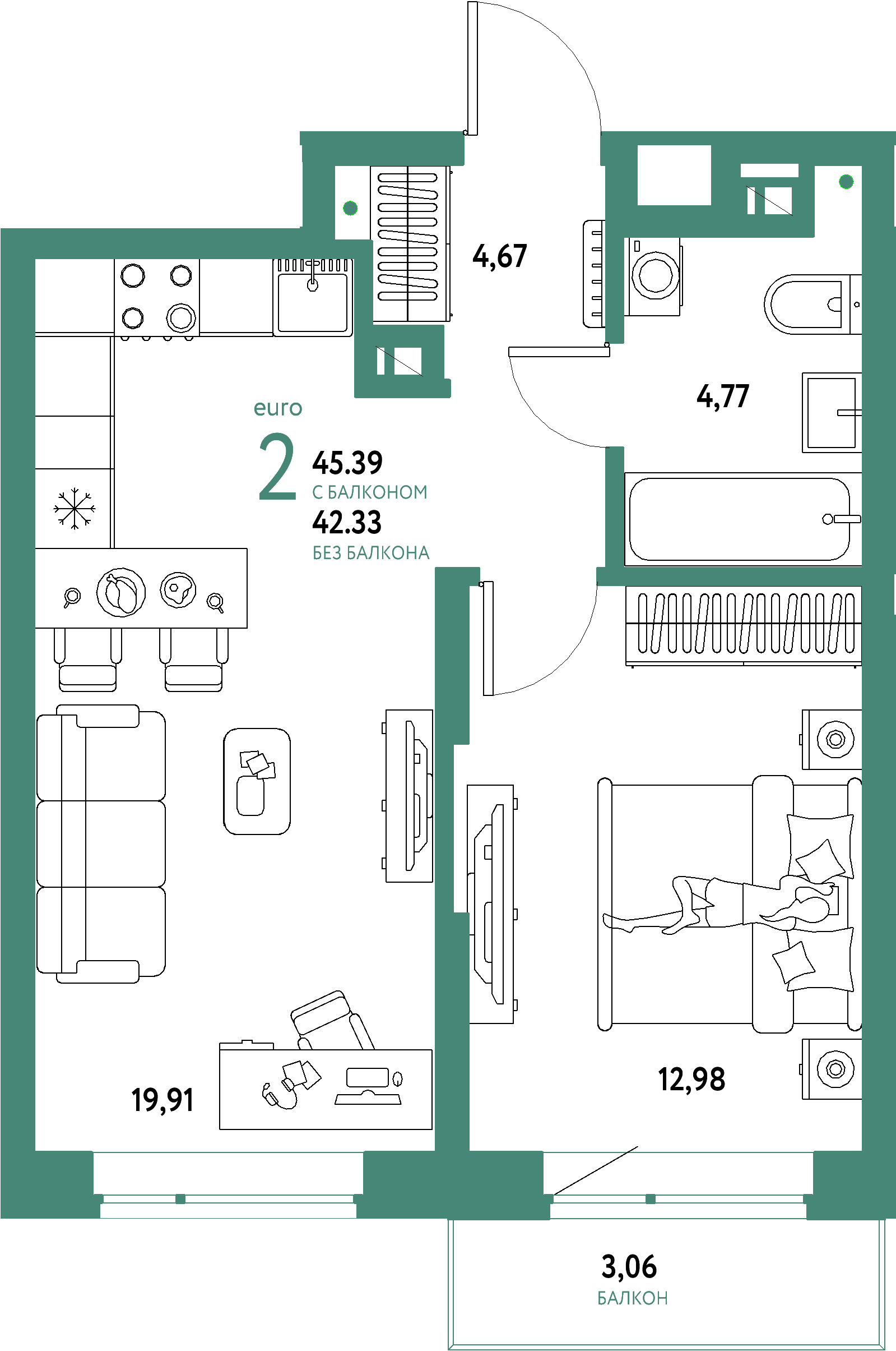 ЖК "Авторский"-2-комнатная 45.39 м²