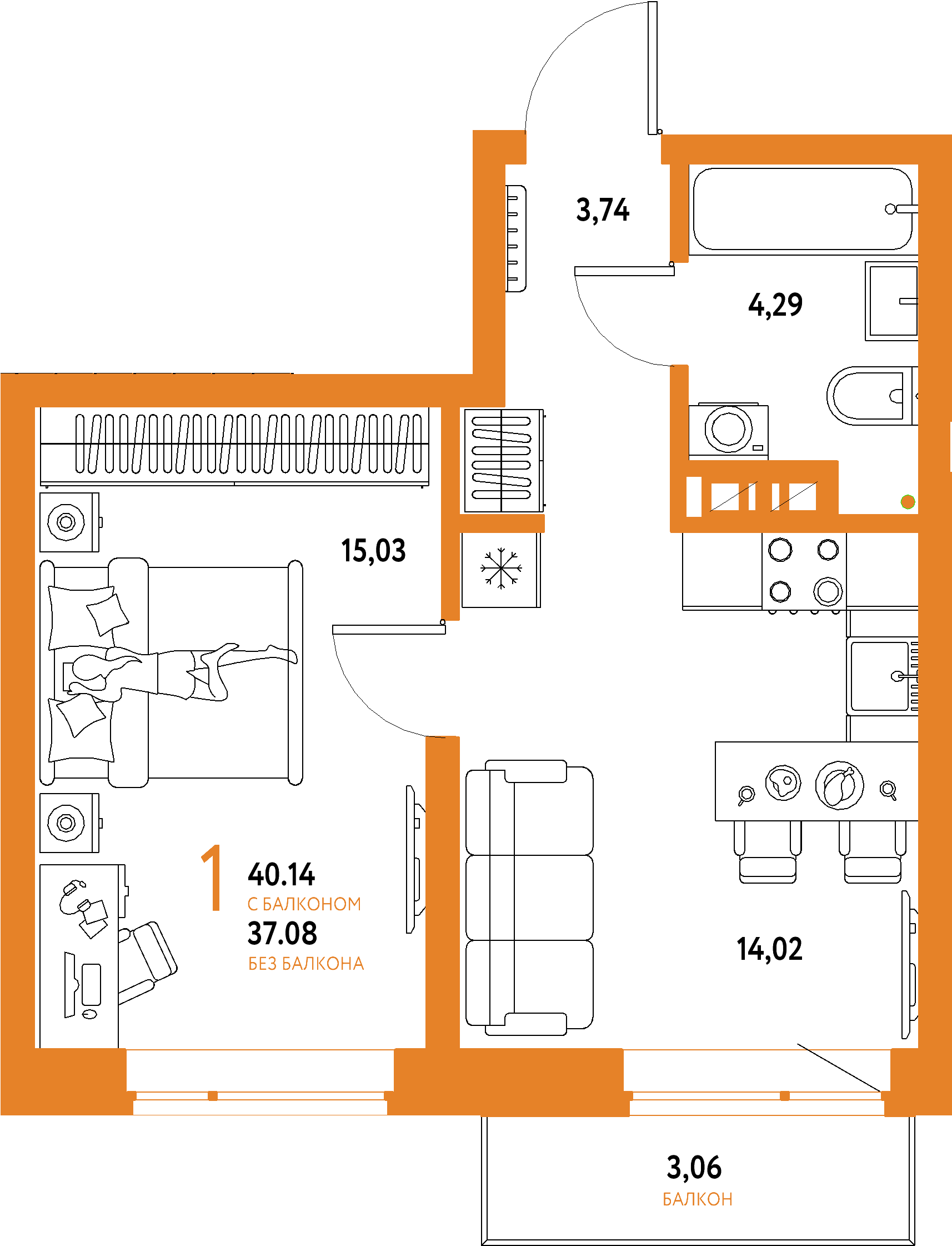 ЖК "Авторский"-1-комнатная 40.14 м²