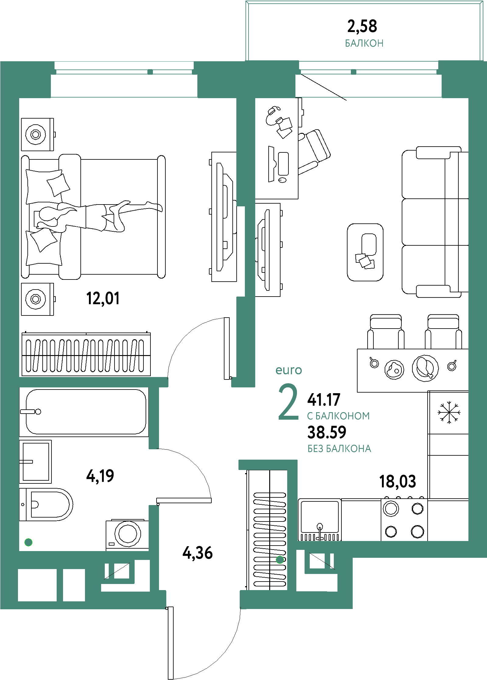ЖК "Авторский"-2-комнатная 41.17 м²