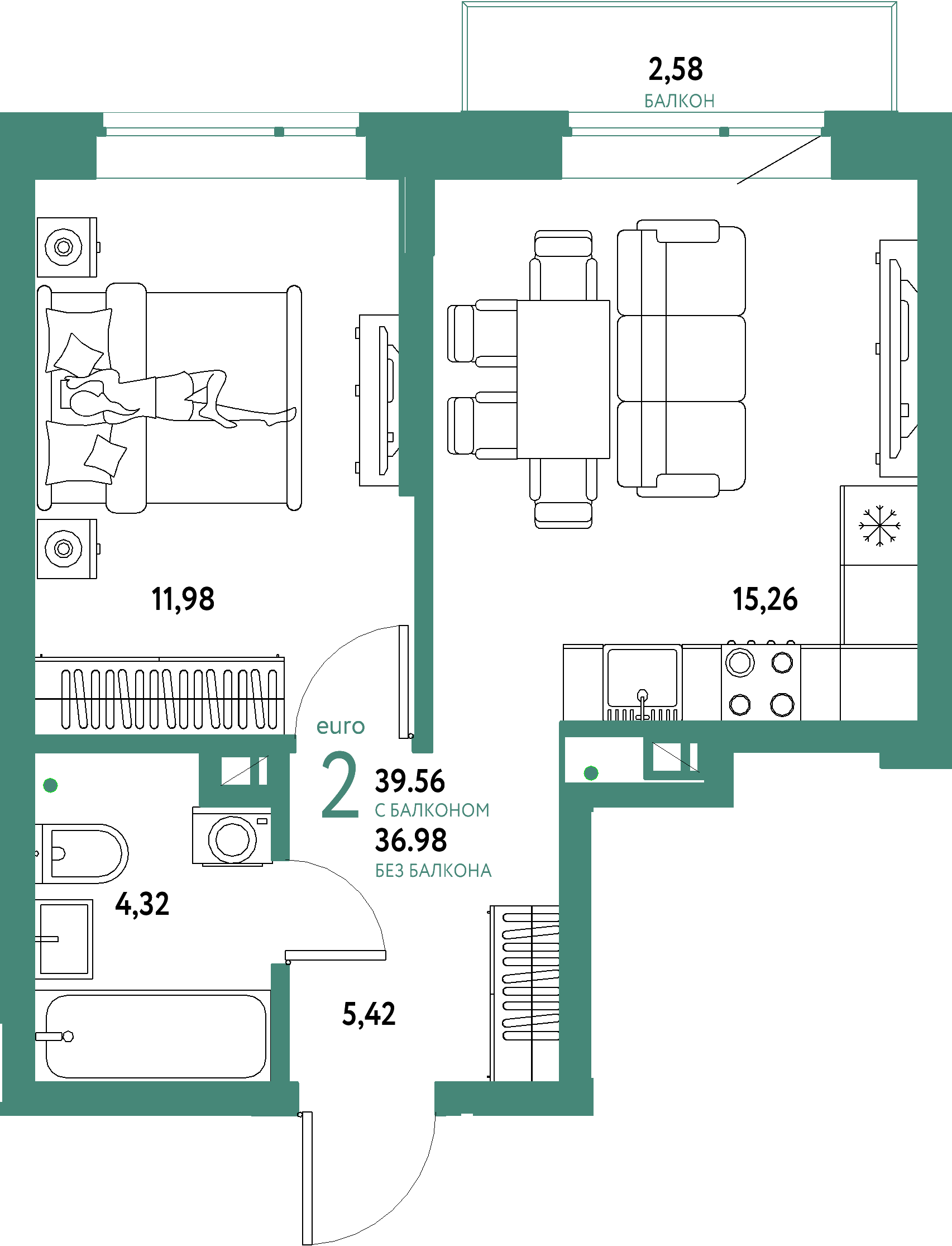 ЖК "Авторский"-2-комнатная 39.56 м²