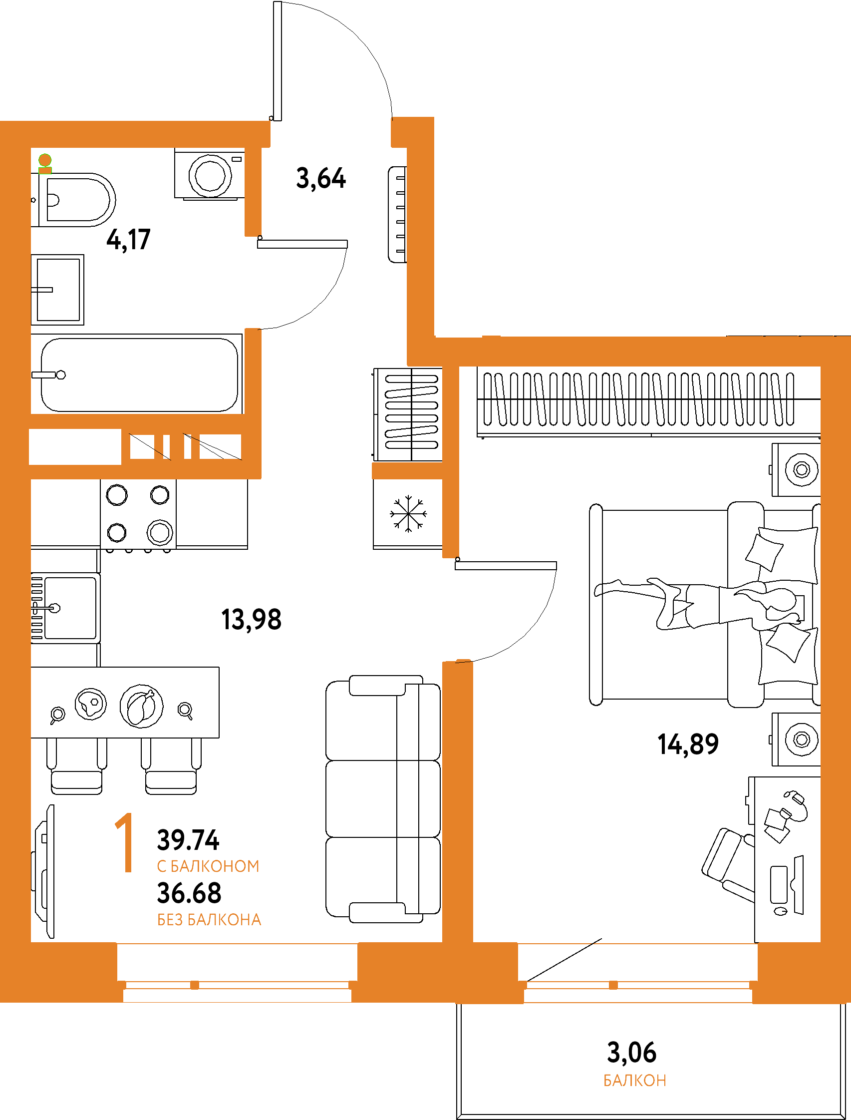 ЖК "Авторский"-1-комнатная 39.74 м²