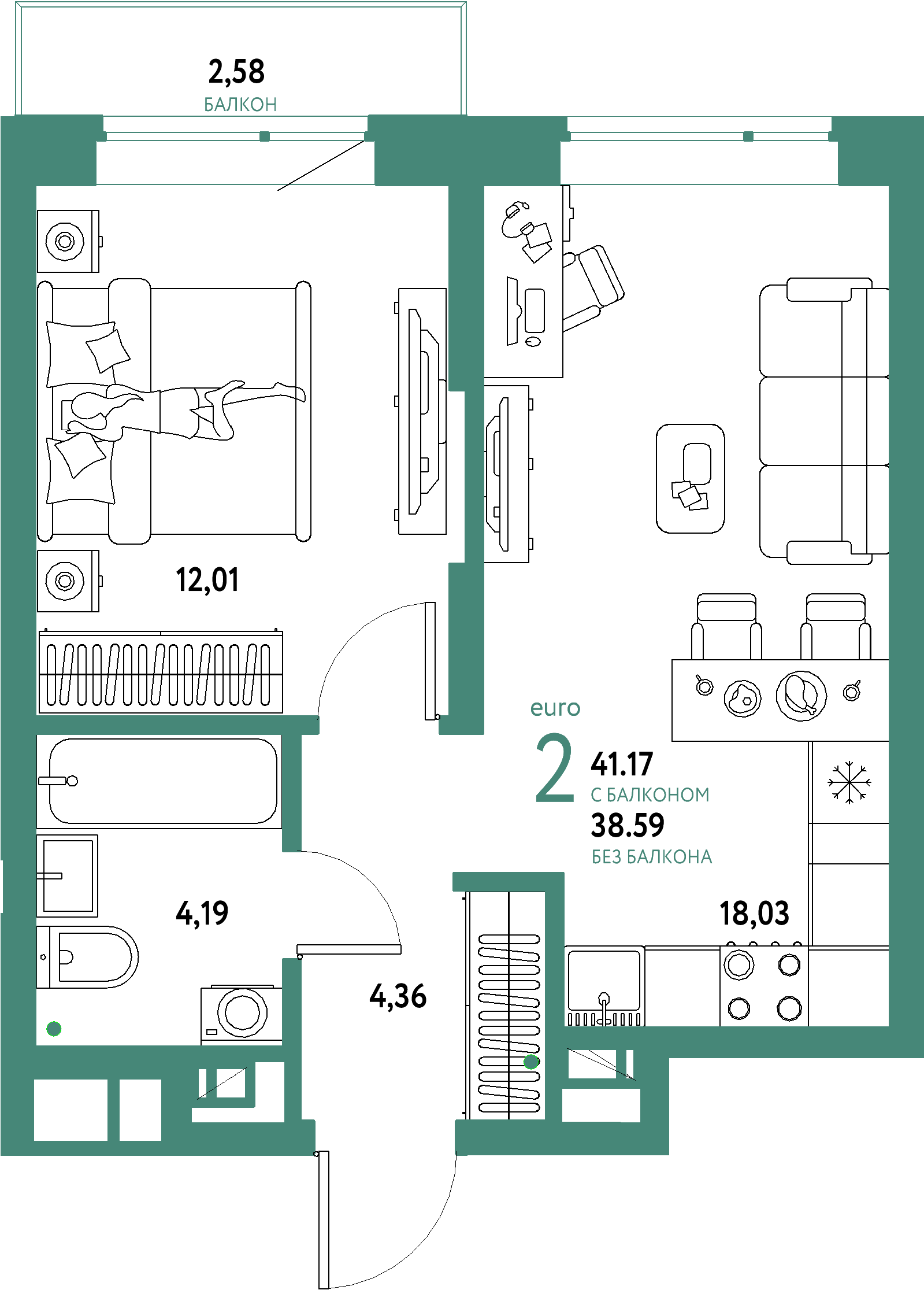 ЖК "Авторский"-2-комнатная 41.17 м²