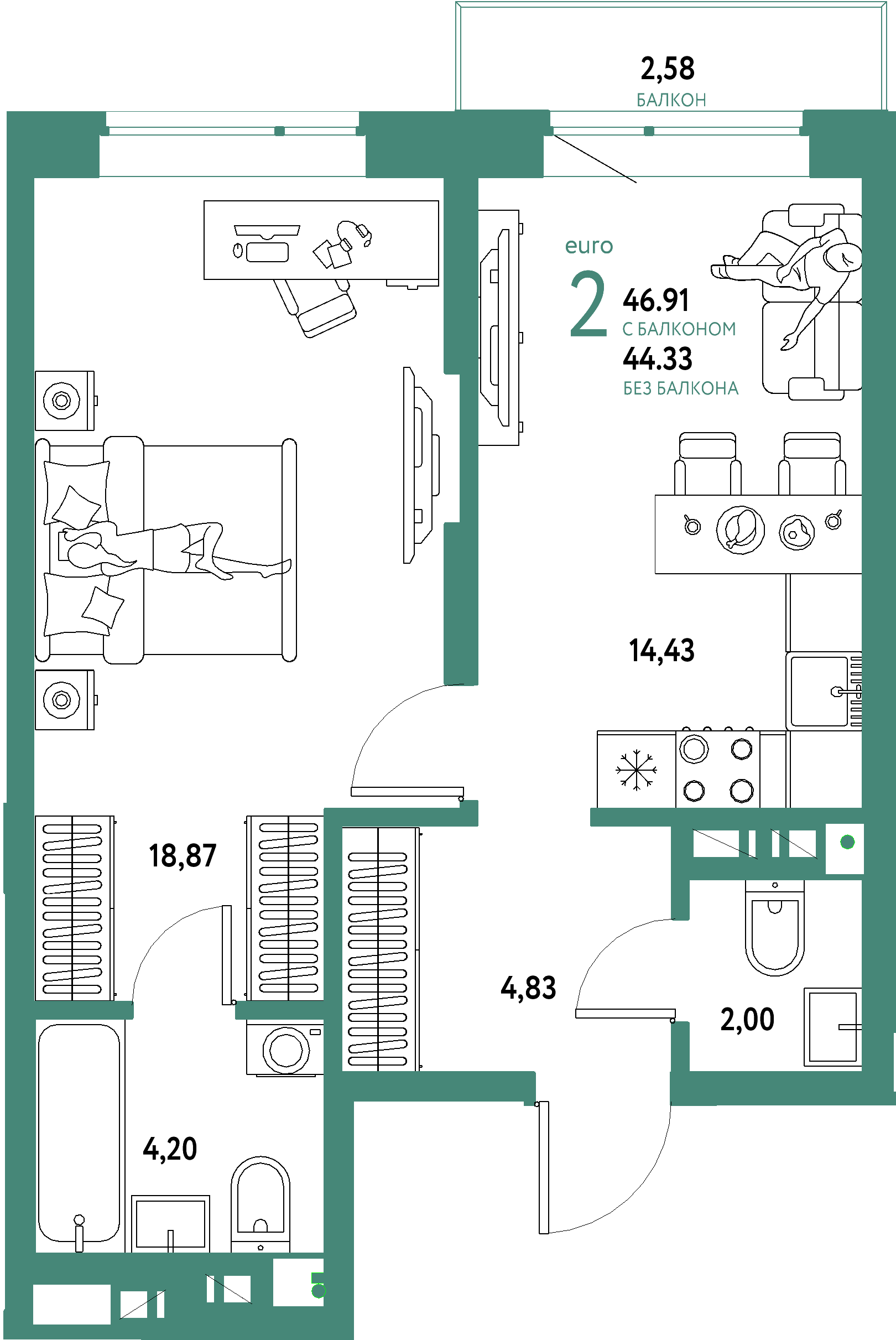 ЖК "Авторский"-2-комнатная 46.91 м²
